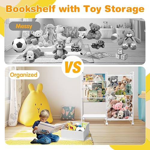 Miniatura 5 de Estantería para niños y almacenamiento de animales de peluche, estante de metal 3 en 1 con ruedas, estantería para niños pequeños con estante de