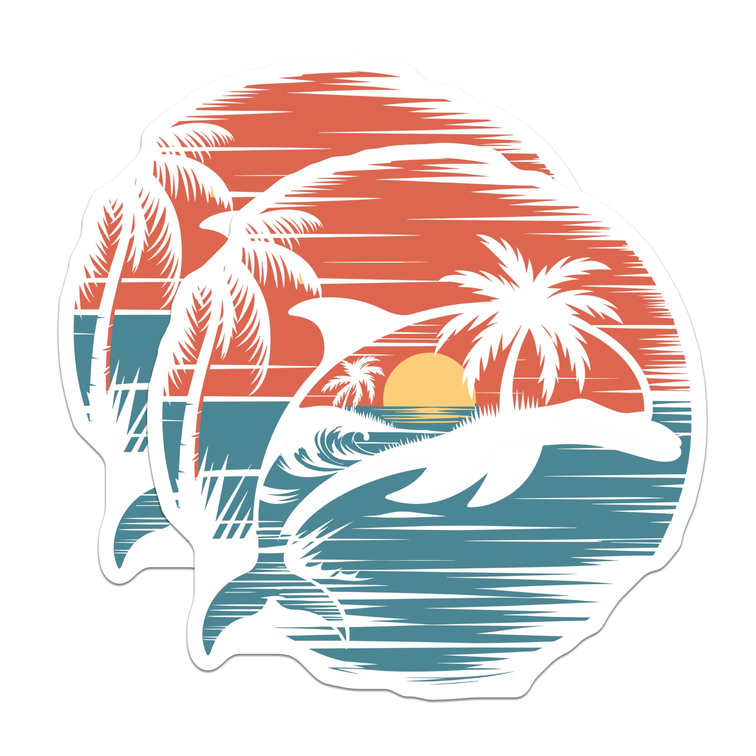(2 Pack) Tropical Beach Dolphin Stickers - Ocean Sunset Stickers - Palm Tree Stickers - 5" On Longest Side - Sticks to Smooth Flat Surfaces - Made in