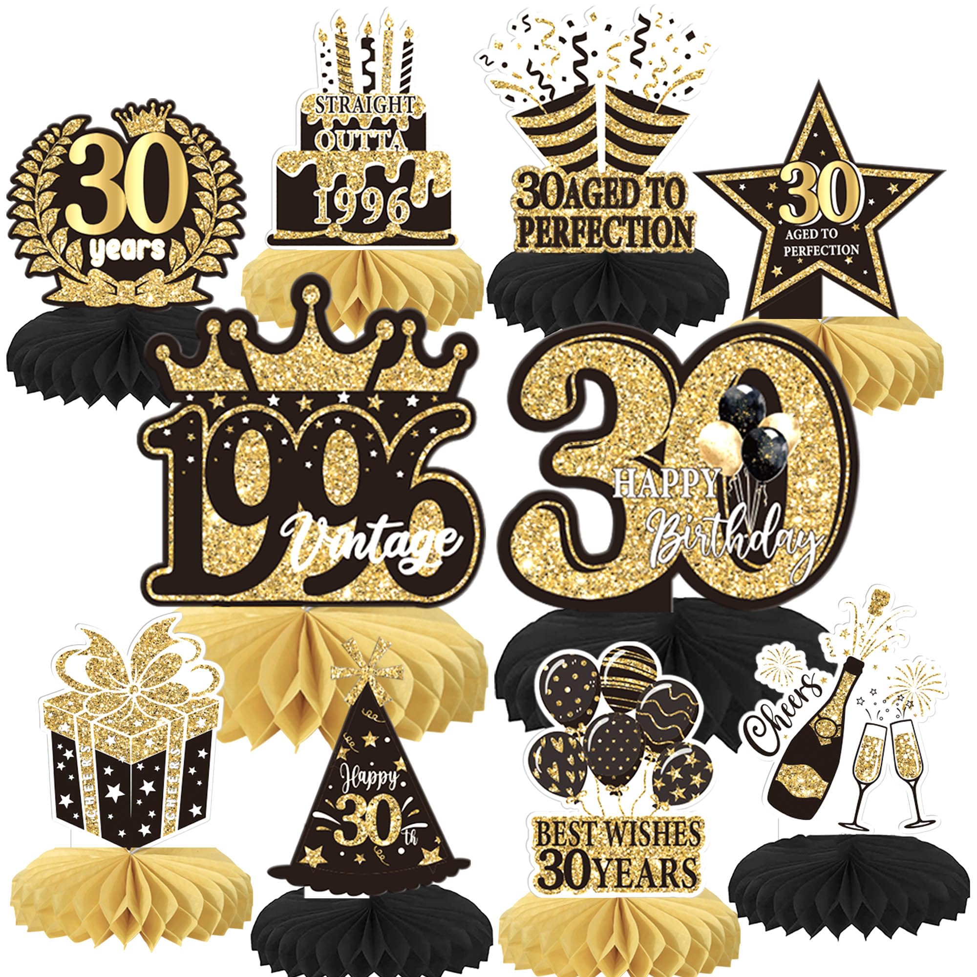 Xsstarmi 10 Pack Happy 30th Birthday Honeycomb Centerpieces Decor Best Whish Thirty Hello Straight Outta 1996 Table Toppers Decoration for Cheers to 30 Birthday Party DIY Decorations Supplies