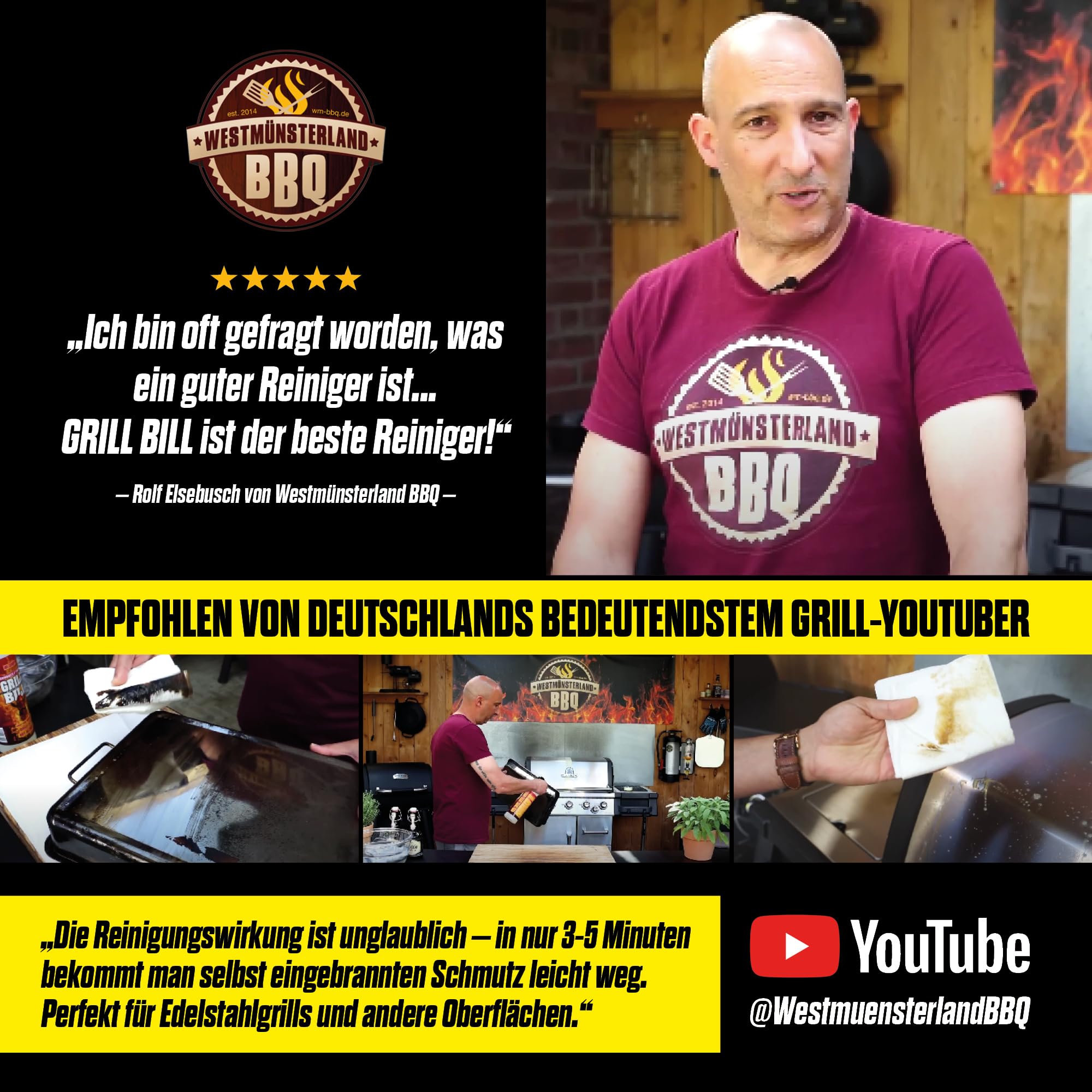 Grill Bill Grillreiniger in Industriequalität 1000 ml für Gasgrill und Holzkohlegrill, Smoker und Backofen - Entfernt Eingebranntes Ruß Schmutz und Fett (2x1 Liter)
