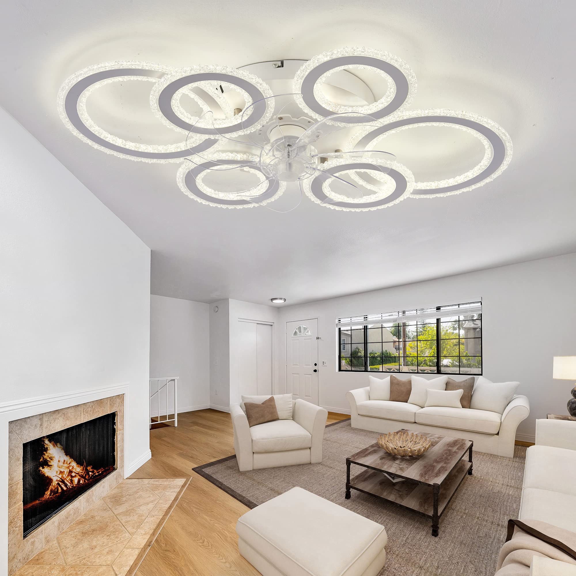 YUNZI Ventilatore Da Soffitto Con Luce E Telecomando, 76CM Lampadari Ventola, Con Luce LED Dimmerabile Per Soggiorno, 6 Velocità, 6 Luci, Reversibile DC Plafoniera Con Ventilatore-White