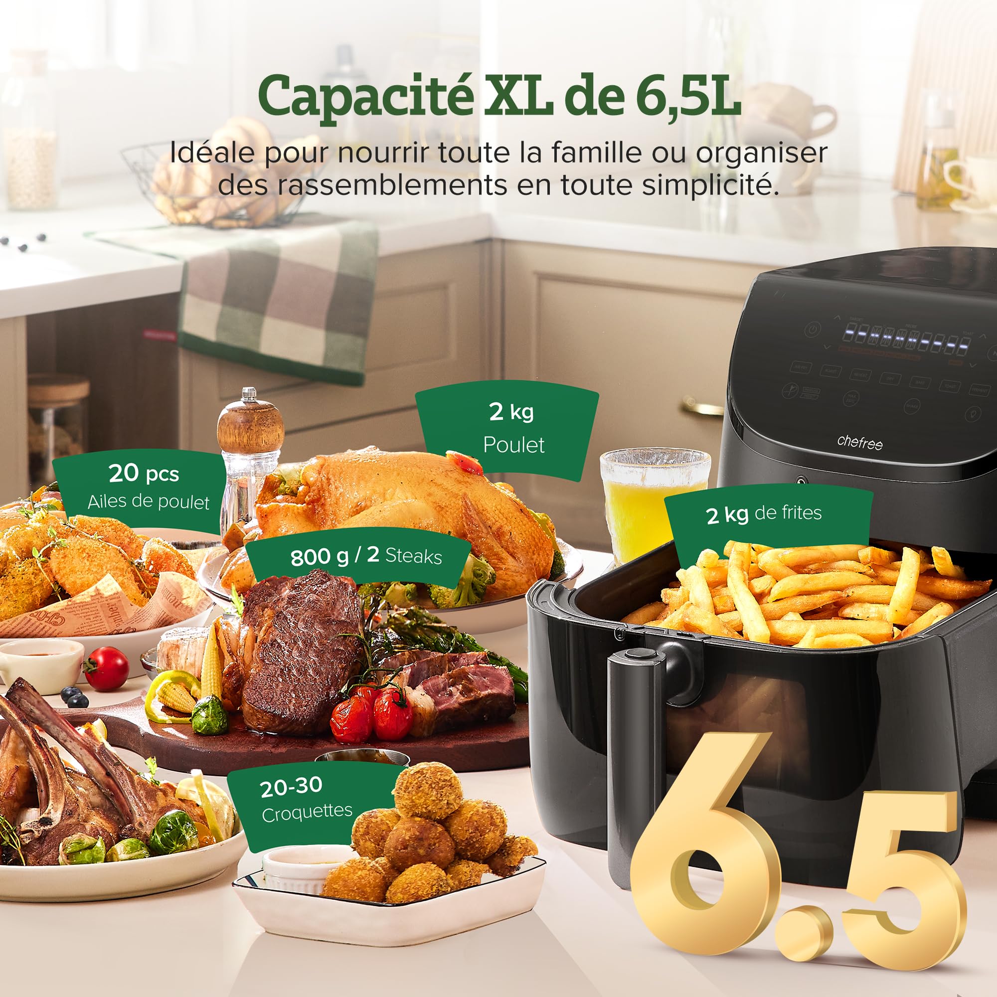 CHEFREE Air Fryer, 6.5L airfryer avec Sonde de Température, Écran Tactile LED et Vitre d'Observation, 7 Programmes pour une Cuisine Saine avec Moins d'Huile, Friteuse à Air AF500