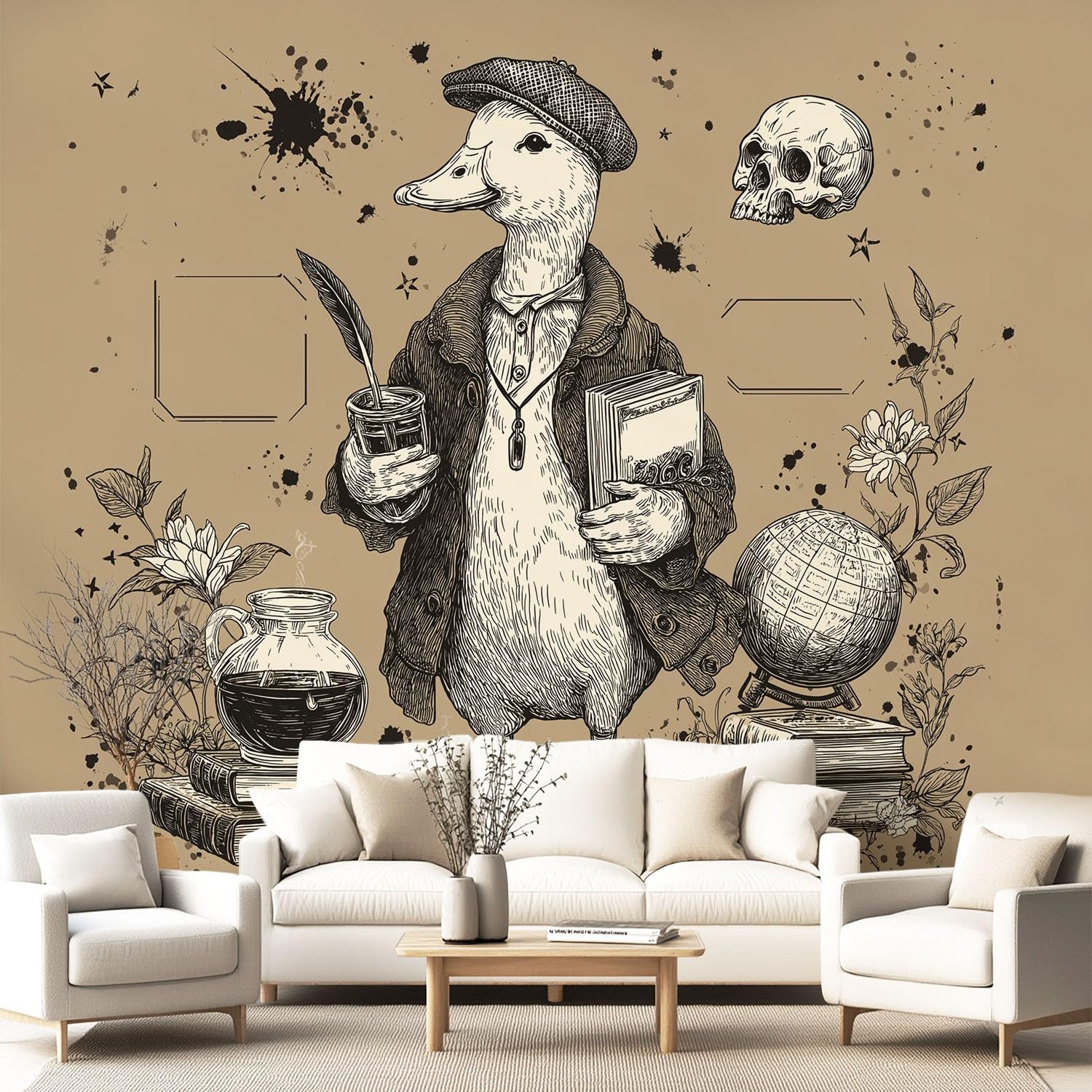 Papier peint intissé panoramique canard savant brun clair 350x256 cm pour grand salon vintage