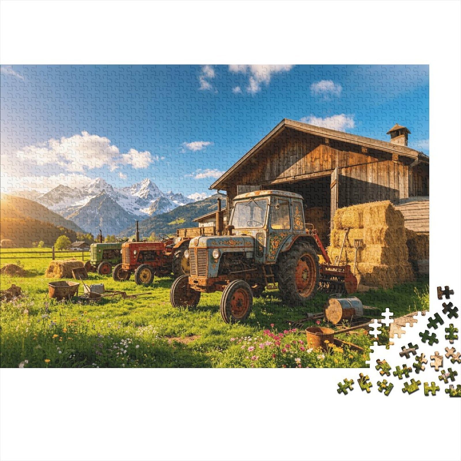 Alpine Barn & Tractors Jigsaw Puzzle 1000 Pieces Recycled Paper Rural Farm Puzzles for Elderly Educational Game Decompression Relieve Senile Dementia Gift 52x38cm/1000pcs