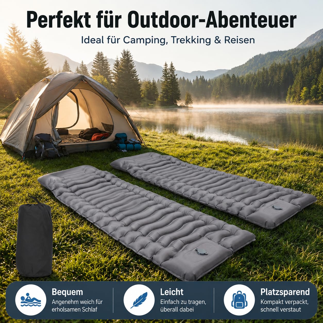 2 Stück Isomatte Camping mit Fußpumpe, 15CM Ultradicke Camping | Luftmatratze , kompakt und leicht für Wandern, Trekking, Outdoor und Strand, Grau