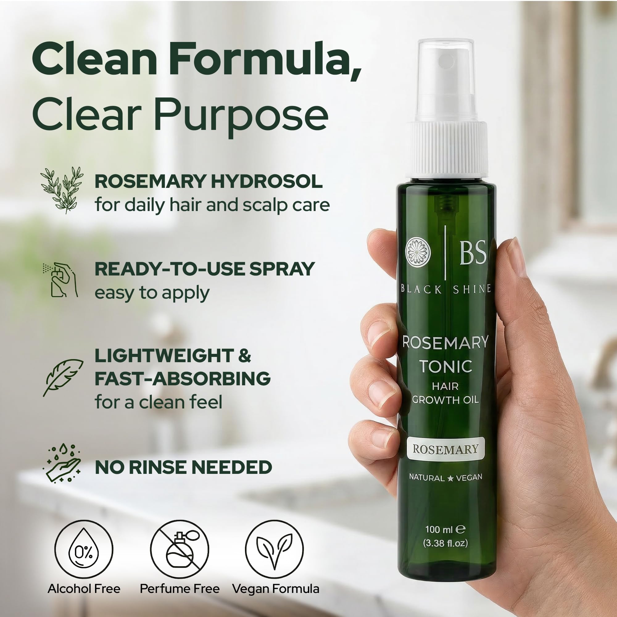 BLACK SHINE Tonique Capillaire au Romarin 100 ml | Spray Naturel Vegan à l’Hydrolat de Romarin | Soin Sans Rinçage pour Cheveux Plus Forts, Épais et Cuir Chevelu