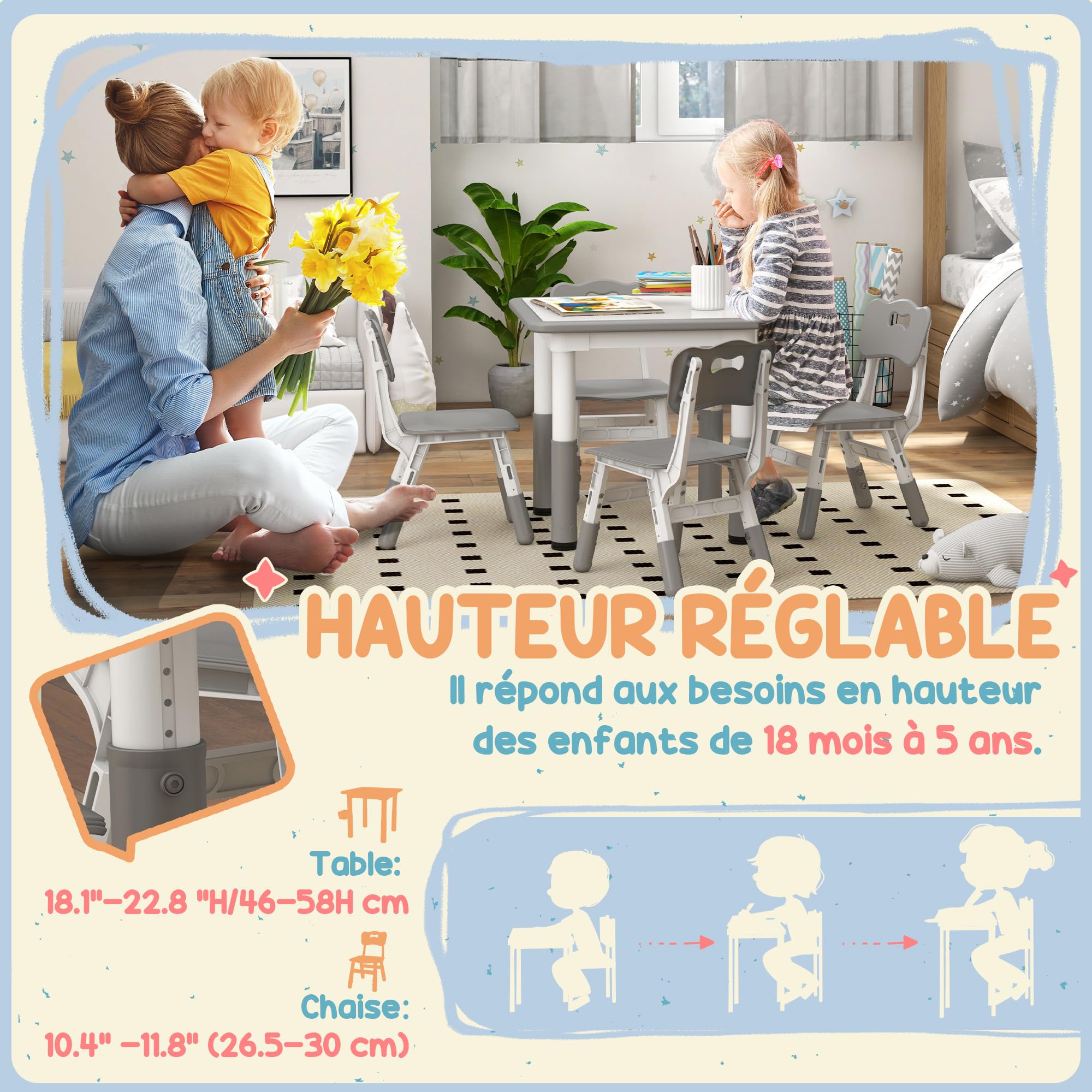 AIYAPLAY Ensemble Table et chaises pour Enfants Hauteur réglable Gris