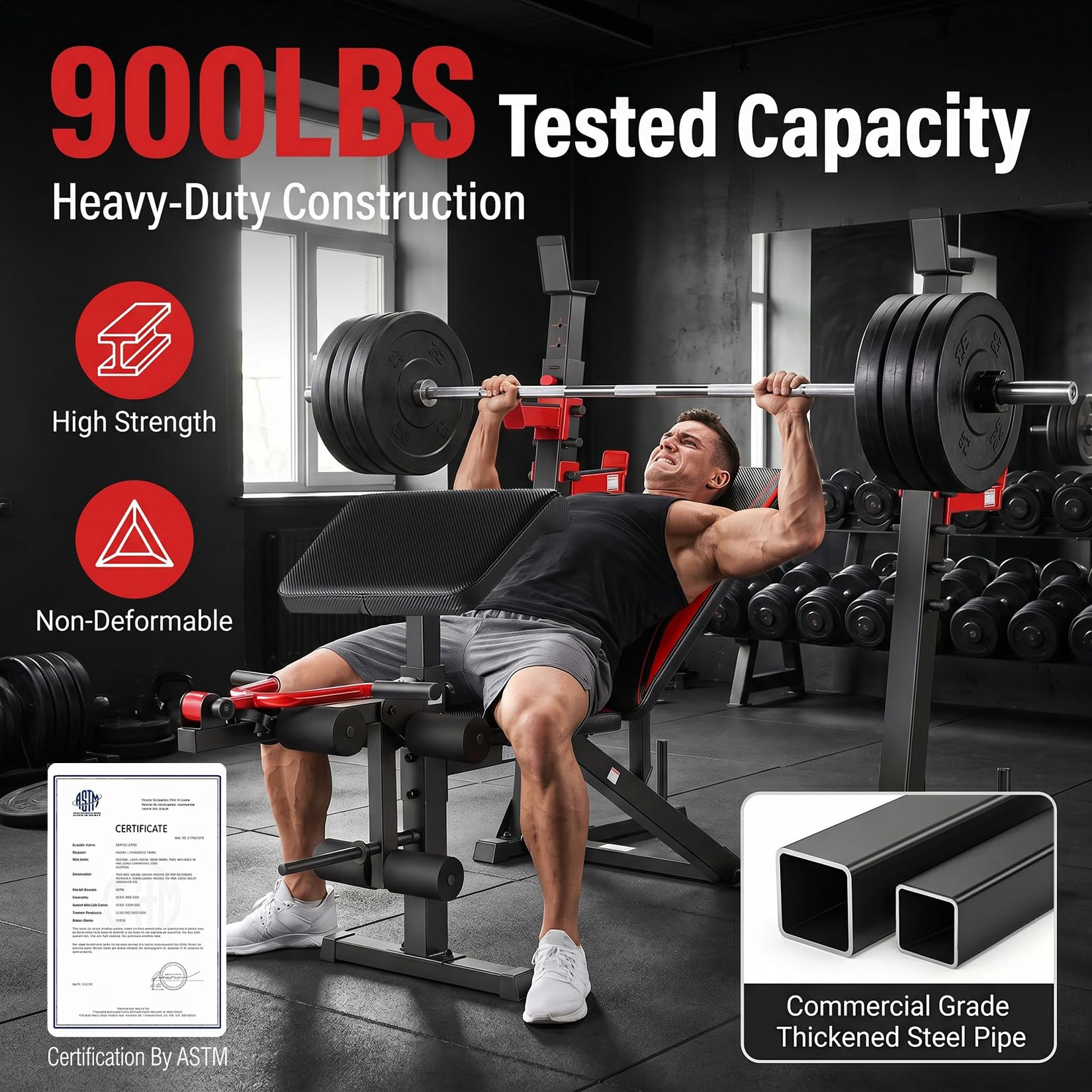 OPPSDECOR 3.0 Pro Weight Bench Set for Home Gym, ASTM-Certified 900 LBS Bench Press Set with Leg Extension, Preacher Curl Pad, Barbell Rack, J-Hooks and Safety Bar Catches for Full Body Workout