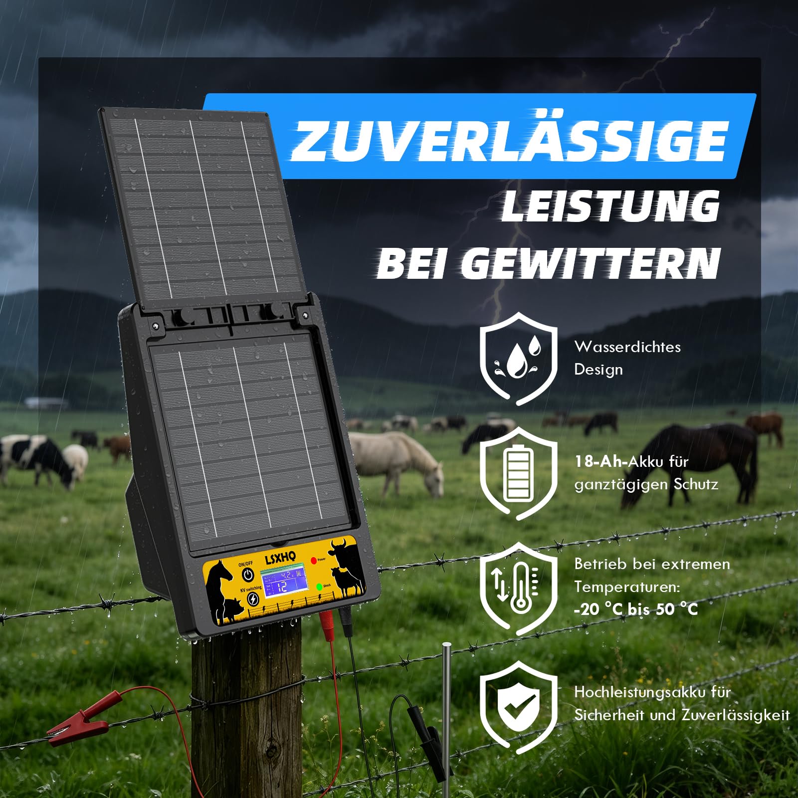 Solar Weidezaungerät für 32 KM Reichweite, 18000mAh Lithiumbatteri, Elektrozaungerät mit 10W-Solarpanel, 0.3-2J, 6KV-12KV Einstellbar, Zuverlässiger Schutz für Geflügel, Vieh und Haustiere (Schwarz)