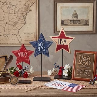 FairySandy 3 Pcs 4th of July Patriotic Wooden Star Signs,Classic Style