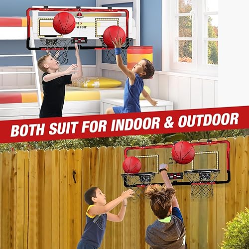 Miniatura 7 de Juego de baloncesto para 2 jugadores, doble tiro sobre la puerta, mini aro de baloncesto para interiores con marcador y LED, juguete de baloncesto