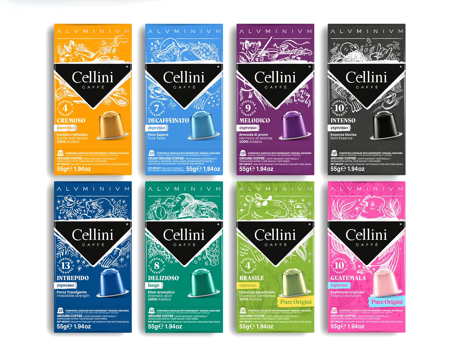 Cellini Caffè Mixed Variety Aluminum Nespresso Pods, 8 Distintive Italian Flavors, 100% Nespresso Original Machine Compatible, 80 Count, Medium to Strong Roast Coffee Capsules