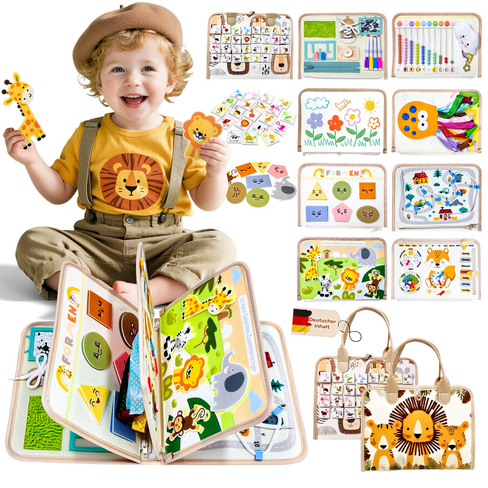 Busy Board Deutsch, Busy Board a partir de 3 años, juguete Montessori, juguete Montessori, juguete para bebés a partir de 3 años, juguete de motricidad, libro silencioso, tabla de actividades