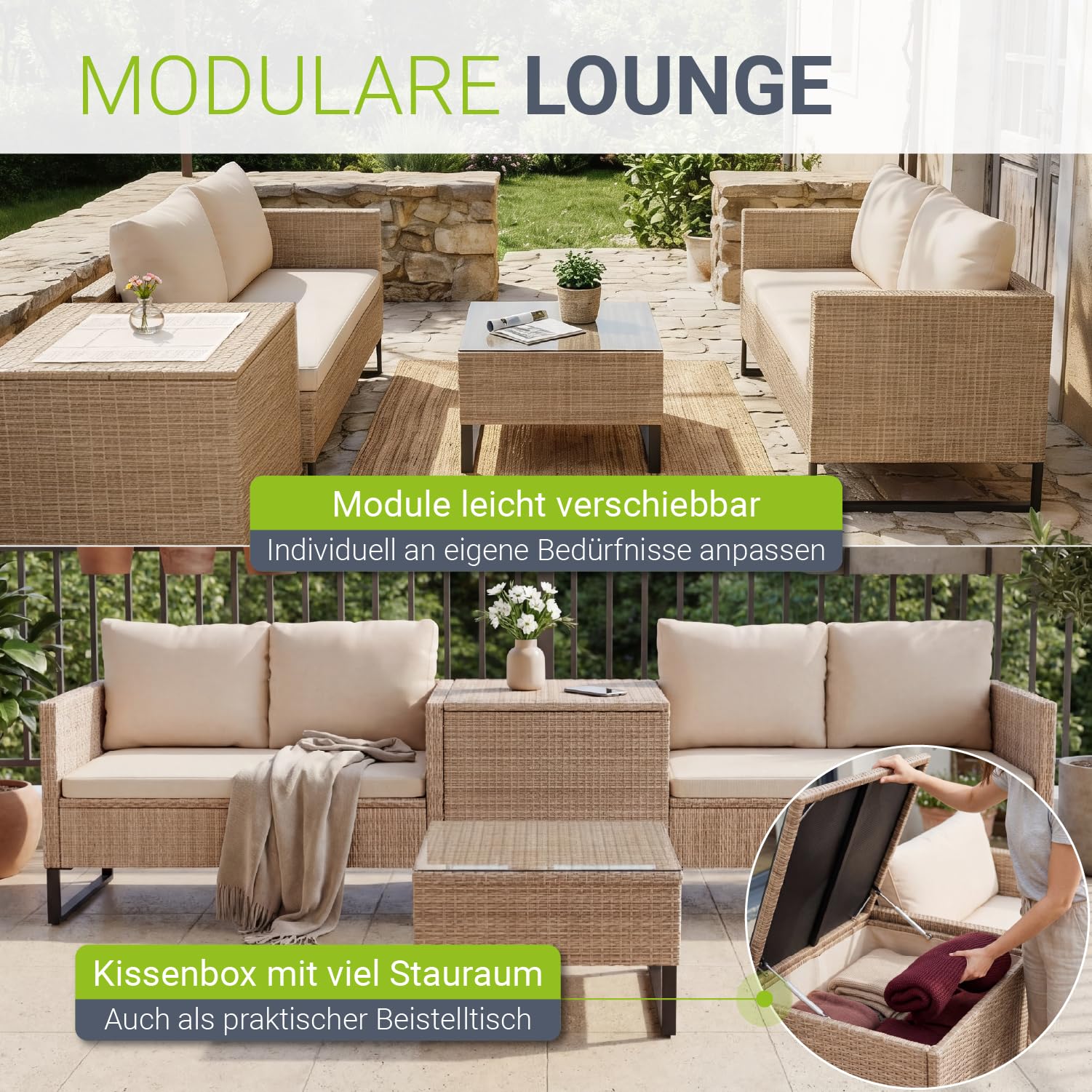 Juskys® Outdoor Polyrattan Lounge Santorini inkl. Abdeckung - Gartenlounge mit Beistelltisch & Auflagenbox - Gartenmöbel Set Rattan Sitzecke wetterfest - Creme