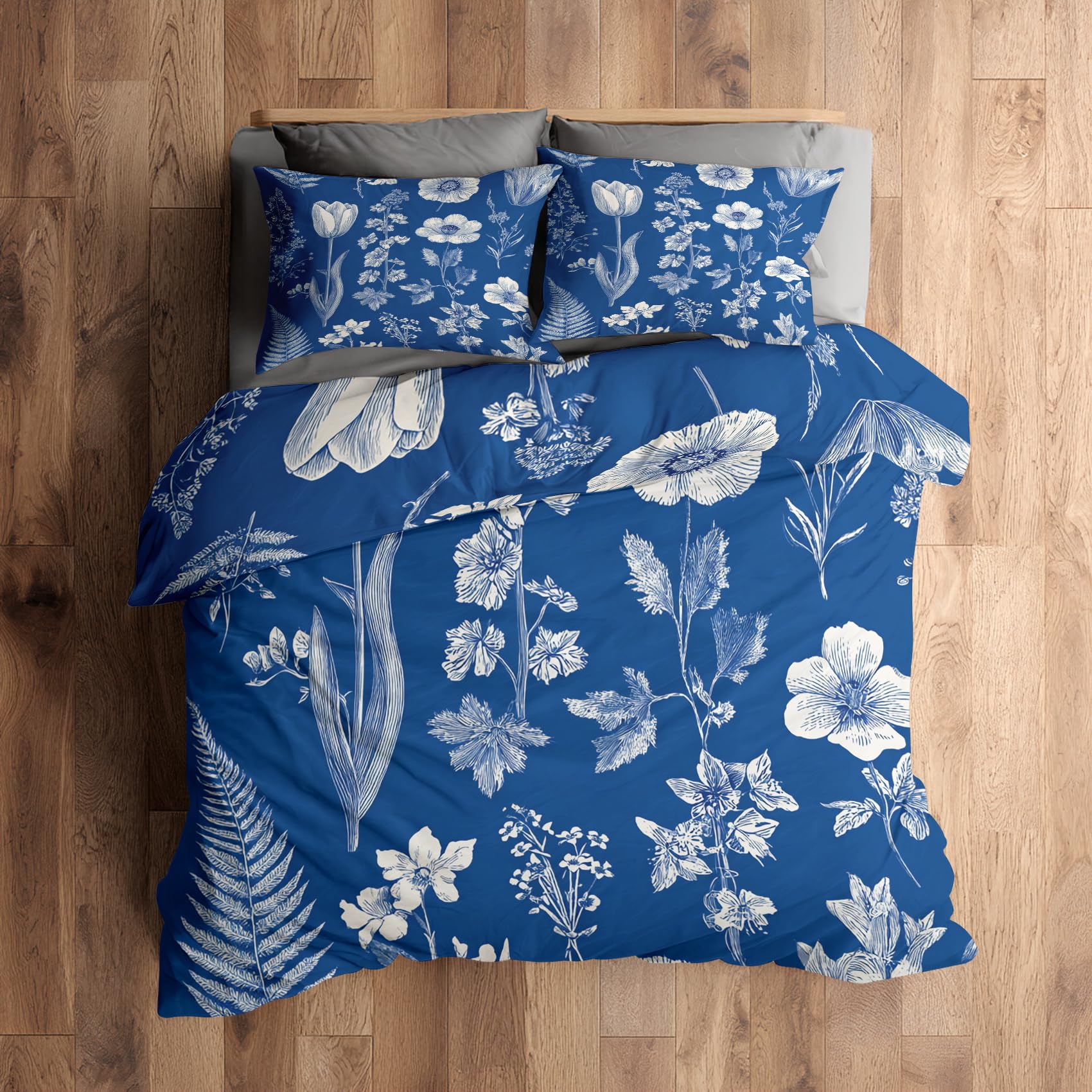 Housse de couette 200x200 fleurs sauvages avec 2 taies d'oreiller bleu