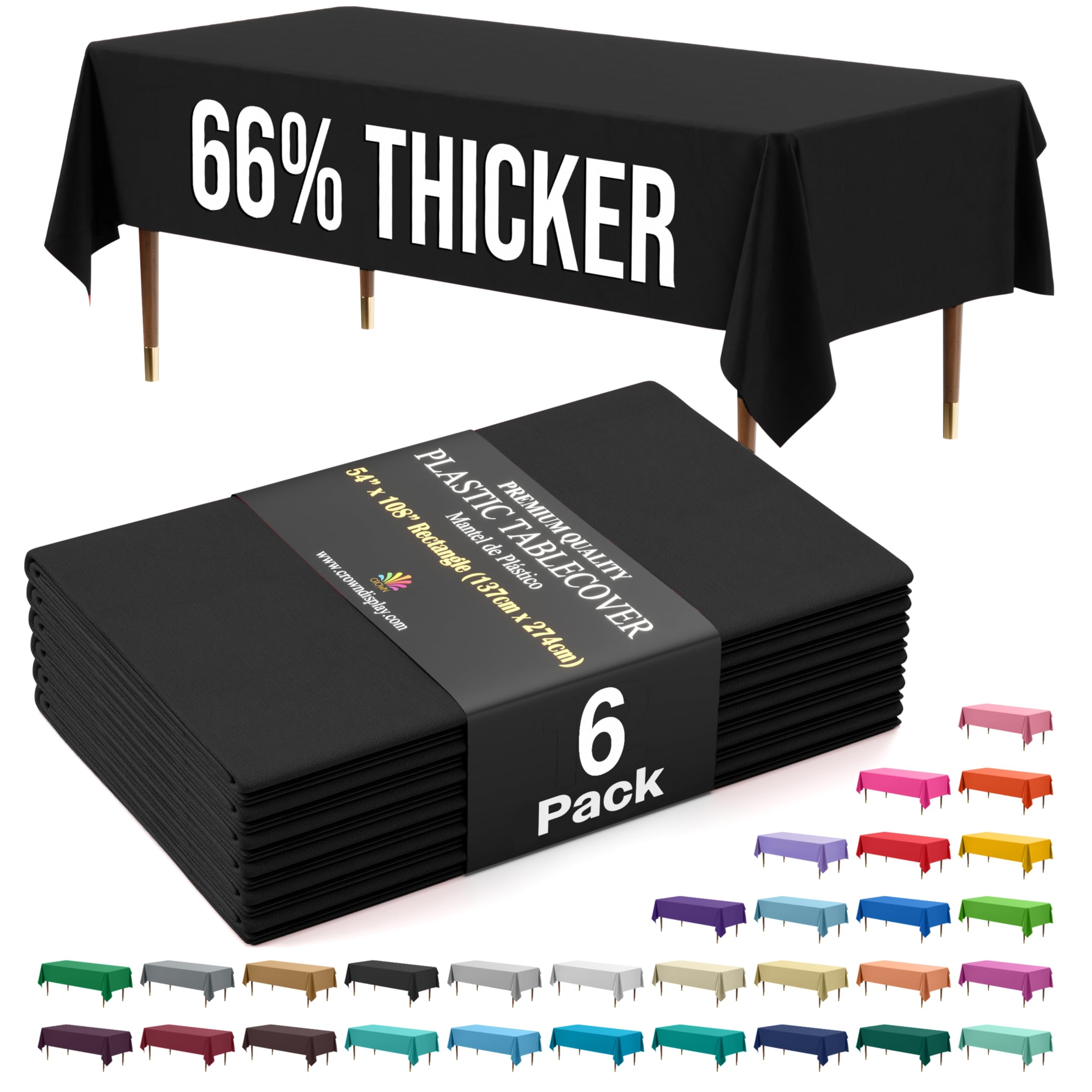 Exquisite Party Solids 66% Thicker Premium Plastic Table Cloth Rectangle Table Cover 0.5 Mil 6 Pack Black Table Cloth 54 Inch x 108 Inch Tablecloth Won't Tear Easily Like Cheap Thin Brands — image 1