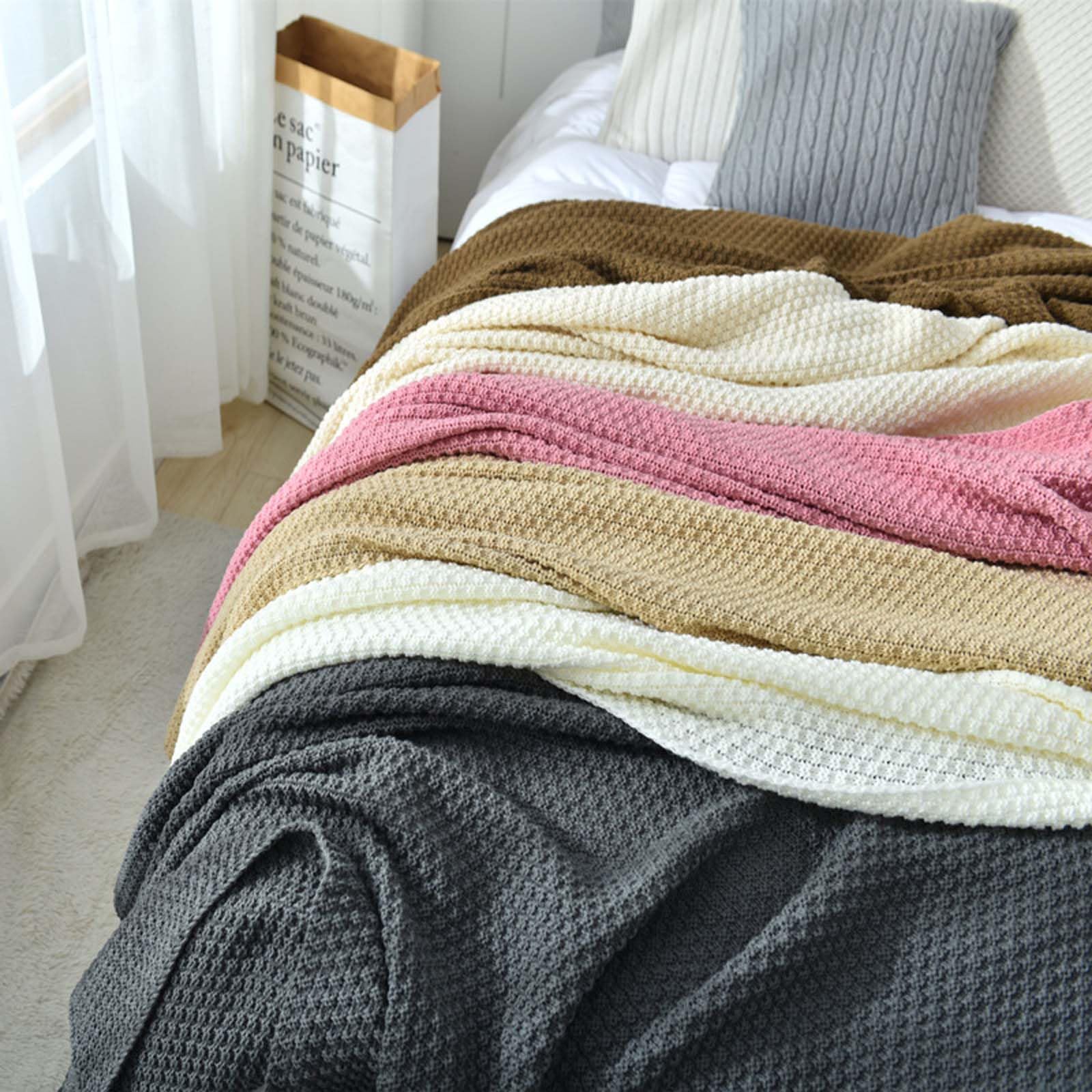 Coperta in maglia a nido d'ape, sciarpa da letto in acrilico, da viaggio, morbida maglia per tutto l'anno, 130 x 230 cm, con nappe decorative con pompon, 8 tonalità di terra solida per