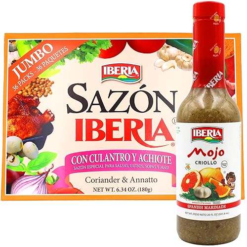 Sazon Iberia con cilantro y achiote 6.34 onzas (36 paquetes) + salsa marinada española Iberia Mojo Criollo 20 onzas líquidas