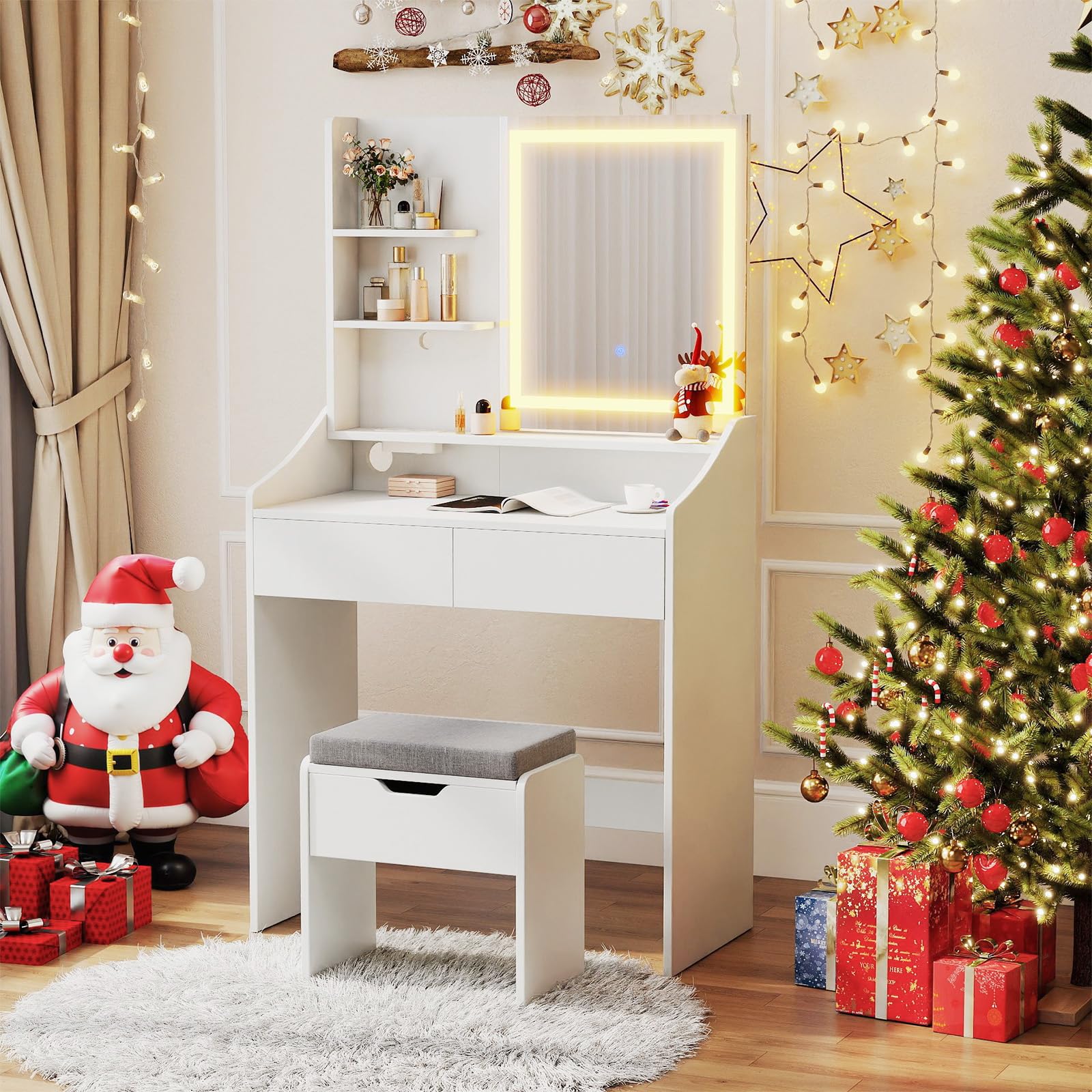 RELAX4LIFE Toeletta Trucco con Luci LED e Stazione di Ricarica, Tavolo da Trucco con Sgabello, 3 Colori di Illuminazione, Luminosità Regolabile, 3 Ripiani e 2 Cassetti per Camera da Letto
