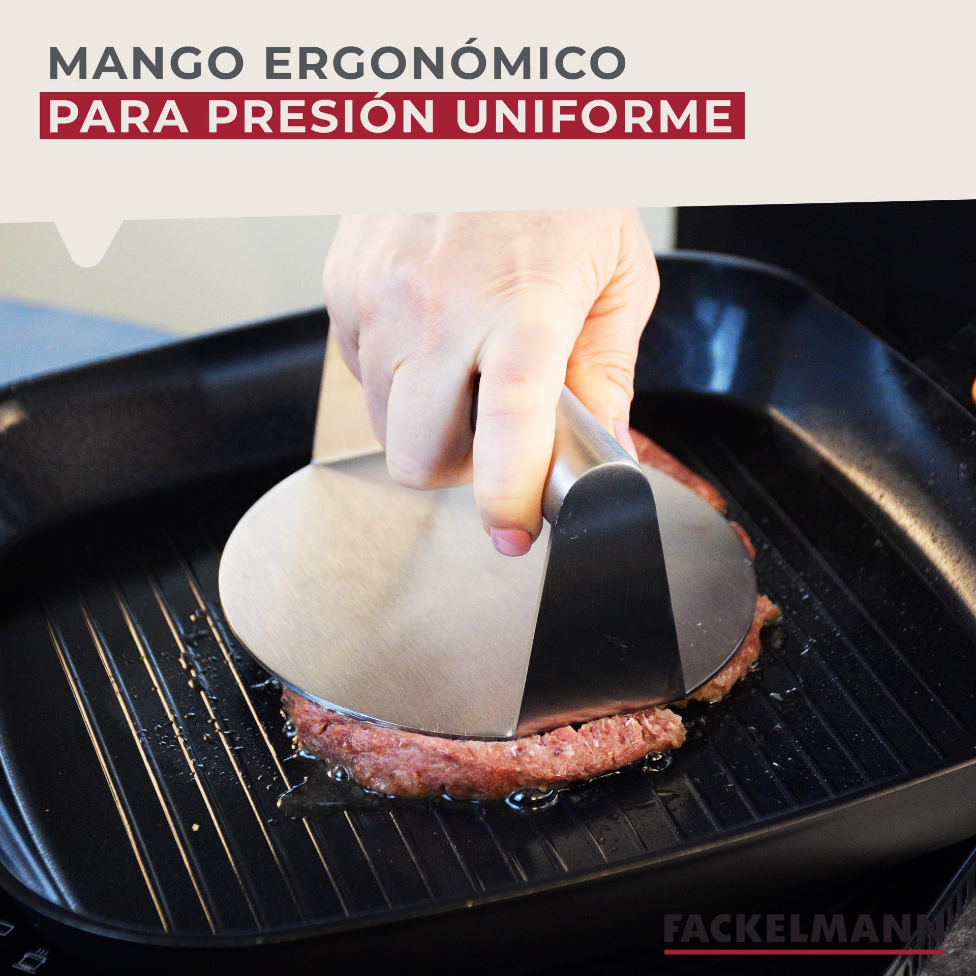 Fackelmann Prensador de Hamburguesas, Prensa para Smash Burger, Aplastador Antiadherente Profesional y Doméstico, Acero Inoxidable 430, Apto para Lavavajillas,14x7 cm, 1 ud.