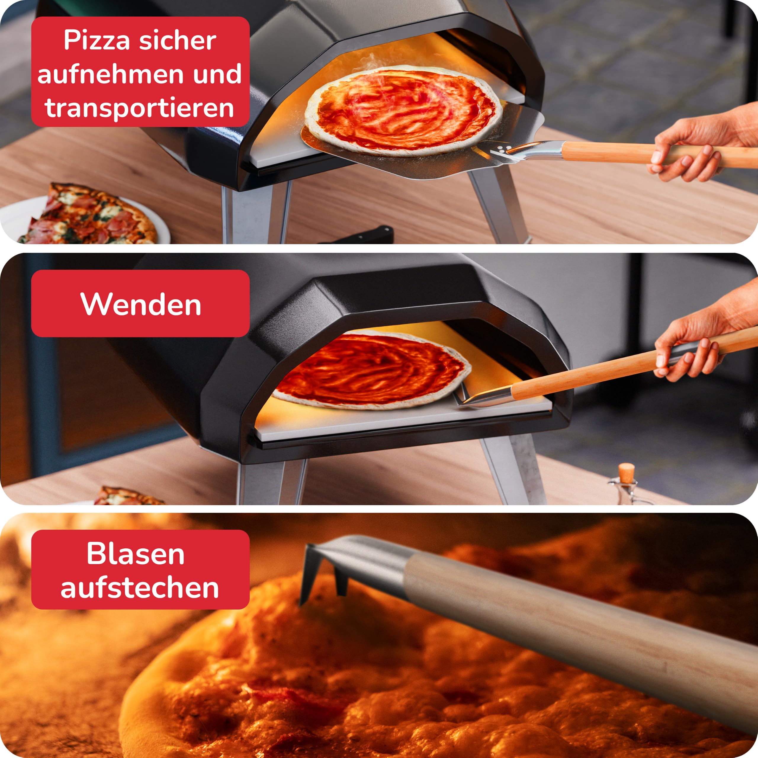 Senwosa Pizzaofen Zubehör Kit - Premium 6-teiliges Set für Zuhause Pizza Herstellung - Pizzaschieber, Backofen/Steinbürste, Pfannenwender/Bubble Popper, Cutter Rocker, Teigwalze, Teigschaber