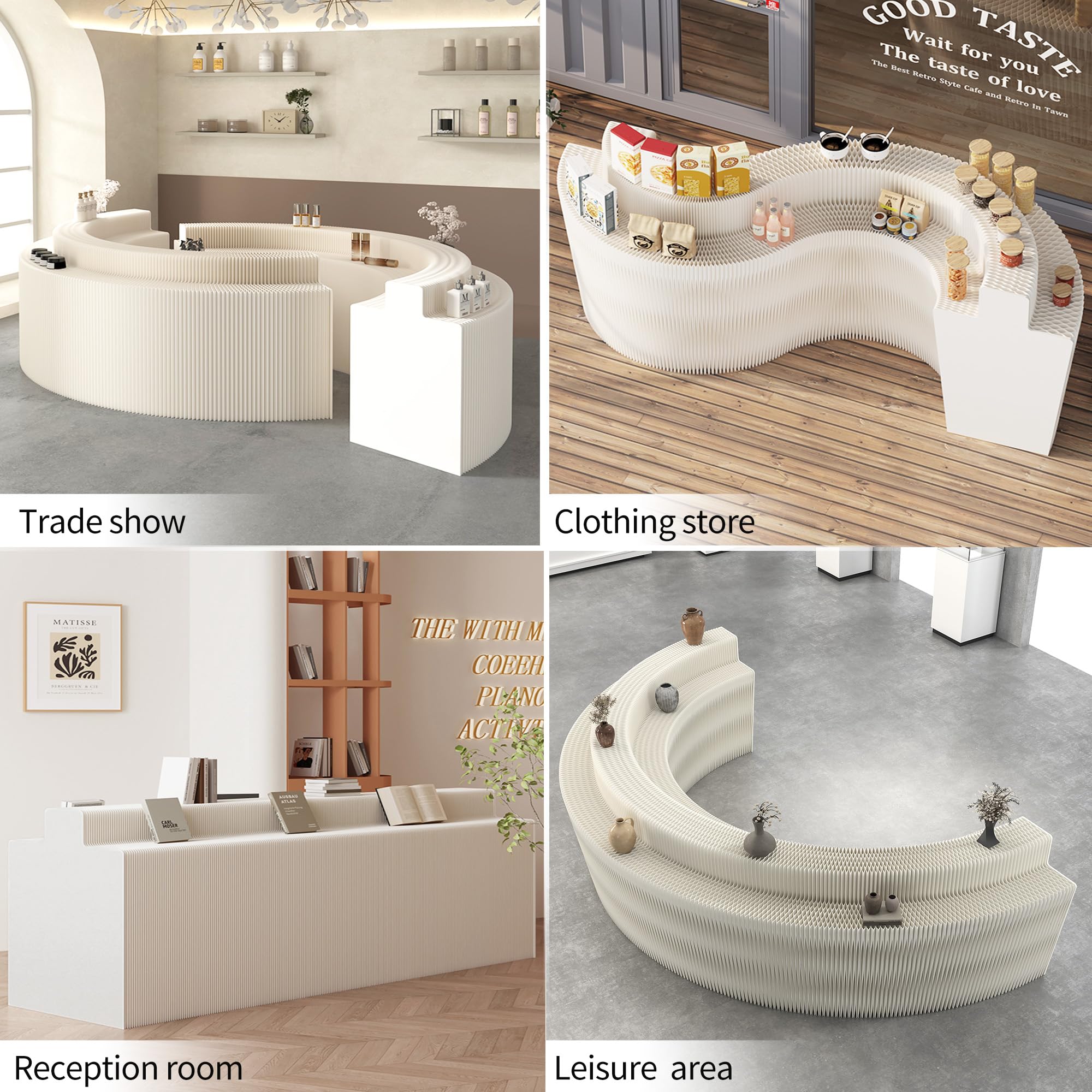 Espositore versatile ed espandibile, in carta bianca, multi-configurazione regolabile per negozi, fiere, eventi e ricevimenti (L200 cm x H98 cm)