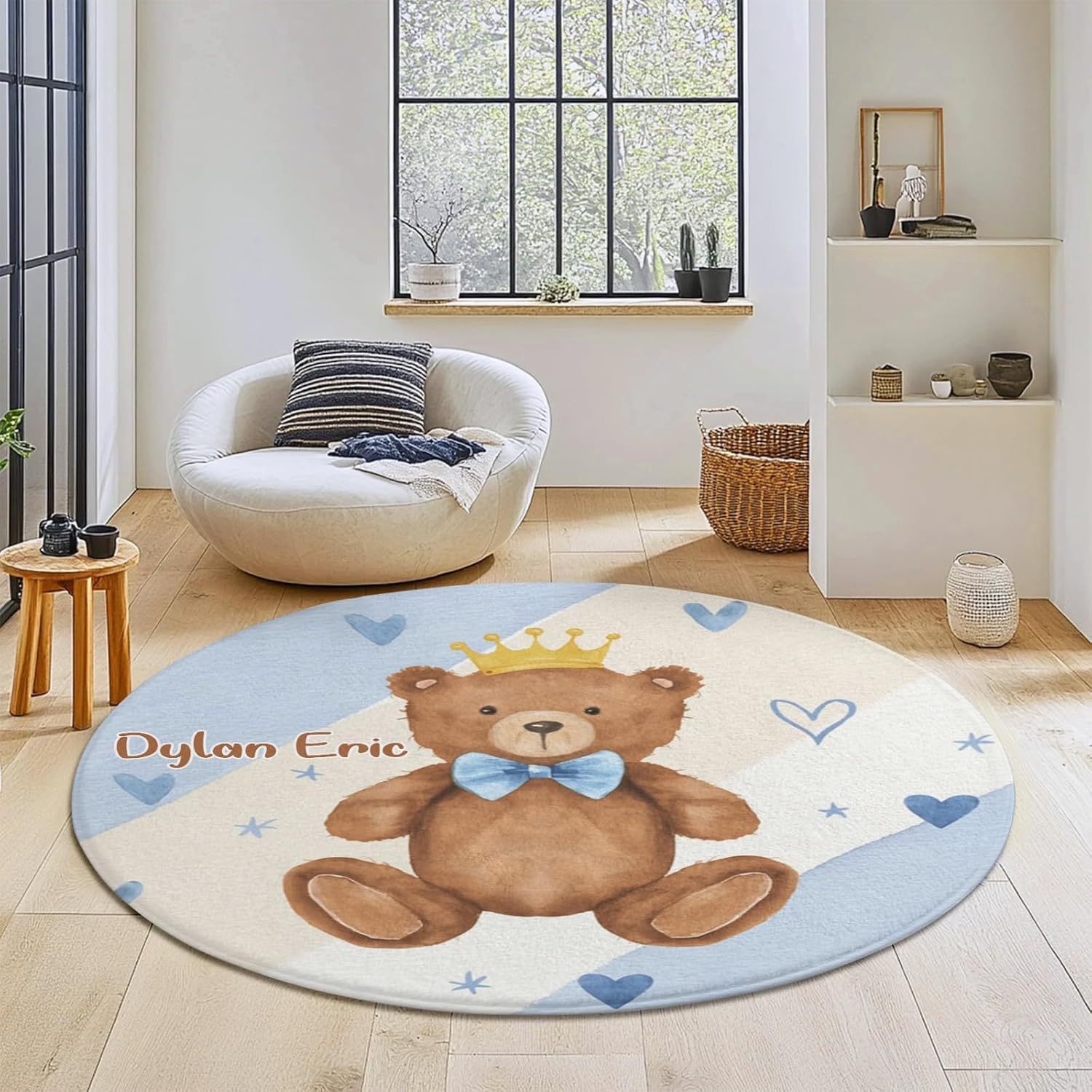 Personalized Cute Bear Custom Round Area Rug Baby Crawling Floor Mats Gifts for Boys Girls Babies with Names Nursery Bedroom Living Room Decor 39.4x39.4Inch