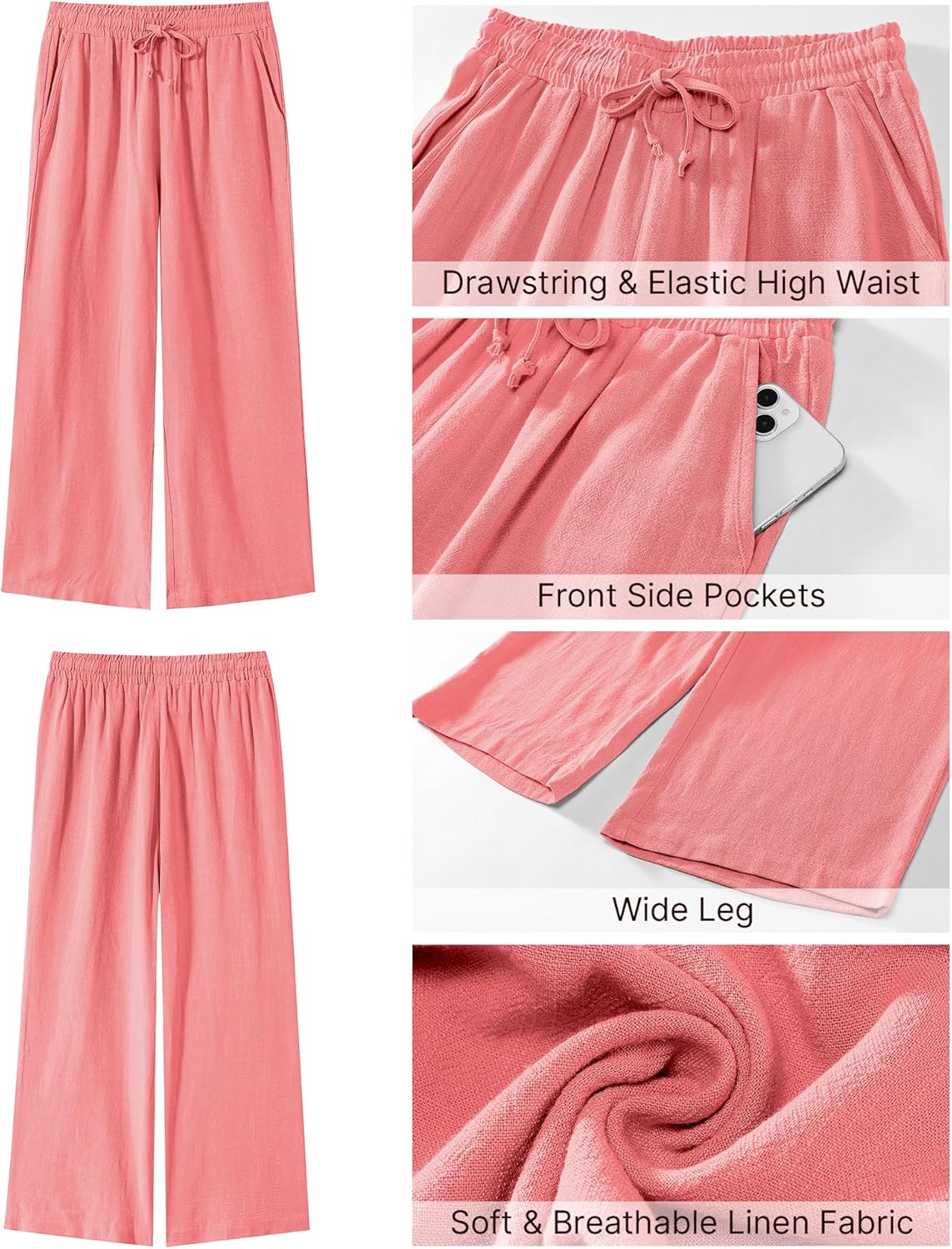 GRAPENT Linen Pants for Women High Waisted Wide Leg Capri Elastic Waist Casual Beach Flowy Cropped Summer Capris Pants - Image 6