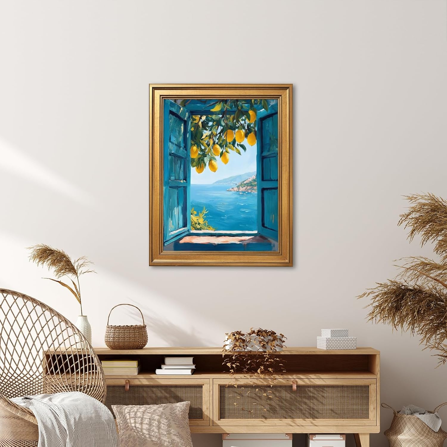 Framed Open Window Blue Coastal Canvas Wall Art Italian Seaside Landscape Painting Mediterranean Lemon Tree Print Poster Seascape Pictures Wall Decor for Beach House Home Living Room 12x16inch Gold