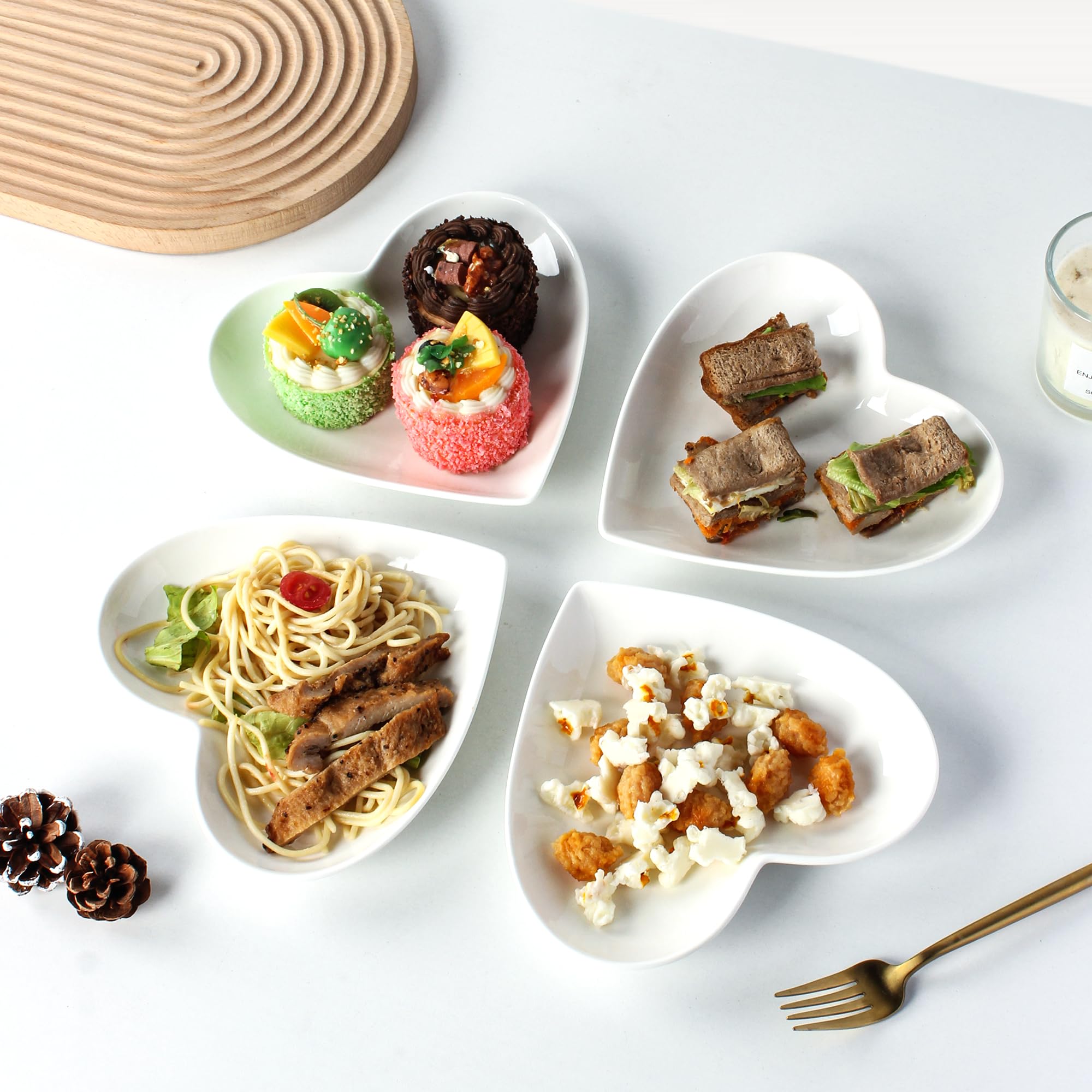 Lot de 10 petites assiettes à dessert en céramique en forme de cœur de 19,1 cm, mini assiettes à dîner pour gâteaux, collations, plats d'accompagnement, passent au