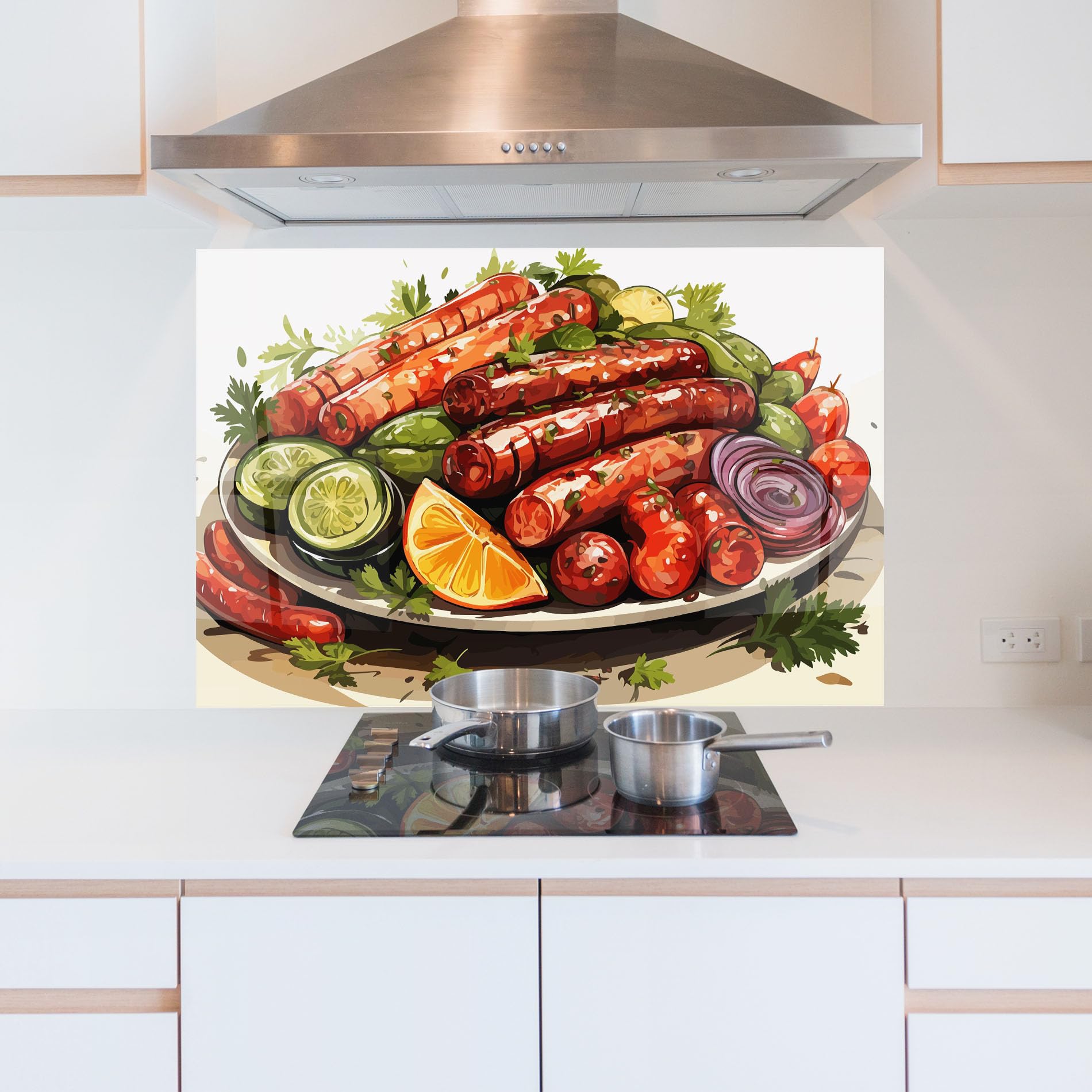 ARTHUB® Küchenrückwand aus Glas 50x70 cm, Tasty Sousages | Spritzschutz, Fliesenspiegel, Glasplatte, Herdspritzschutz, Wandschutz für Herd, Küche, Hartglas, Lebensmittel, Essen