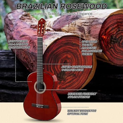 Miniatura 20 de Vangoa Guitarra clásica, cuerda de nailon de 39 pulgadas, guitarra española para principiantes de tamaño completo con tapa de abeto y parte trasera