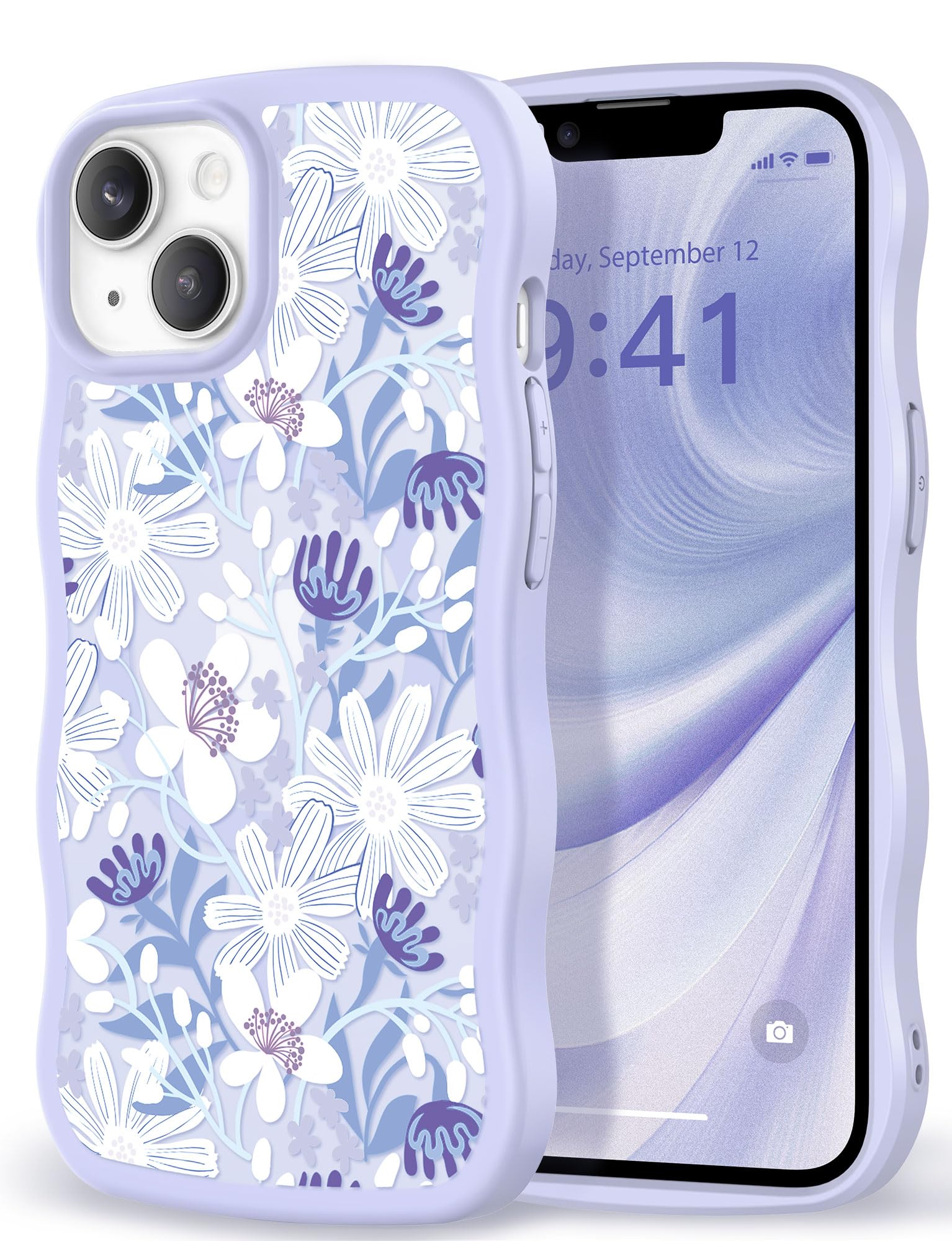 GVIEWIN for iPhone 14 Case & iPhone 13 Case [Compatible with MagSafe] [Curly Wave Edge] Floral Translucent Magnetic Slim Shockproof Protective Phone Cover for Girls Women 6.1'', Coreopsis/Blue