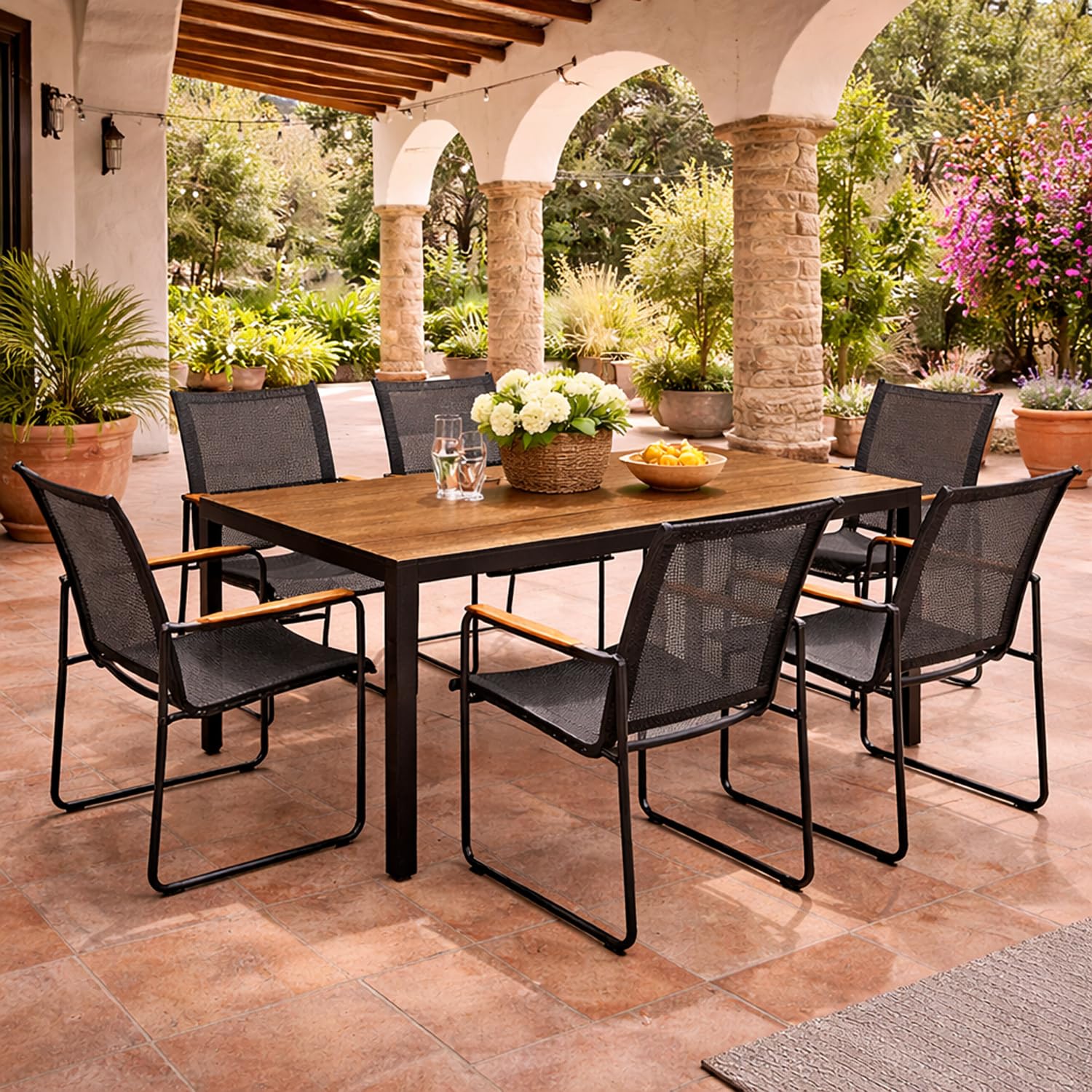 Mojawo 7tlg Outdoormöbel Set Gartenmöbel Gartengarnitur Holzoptik Gartentisch Nonwood 150 x 80cm + 6 Sessel Schwarz