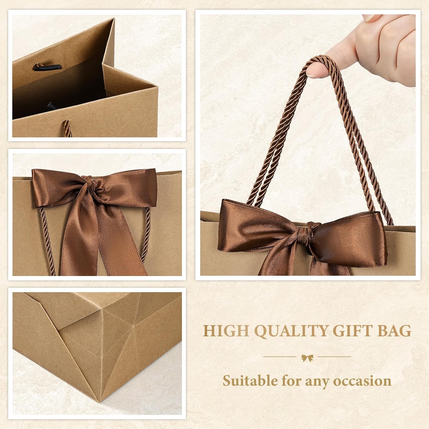 YoungTree 2PCS Medium Gift Bags with Ribbon and 2 Greeting Cards 4 Tissue Papers, Paper Birthday Gift Bags with Handles, Present Bags for Valentines Day Wedding Baby Shower Party Supplies (Kraft) - Image 6