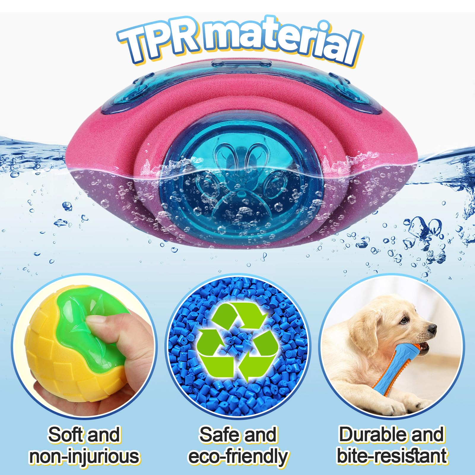 MEWTOGO 4 juguetes flotantes para piscina para perros, juguetes de agua chirriantes y brillantes para perros, juguetes interactivos de TPR seguros y duraderos para masticadores agresivos, perros