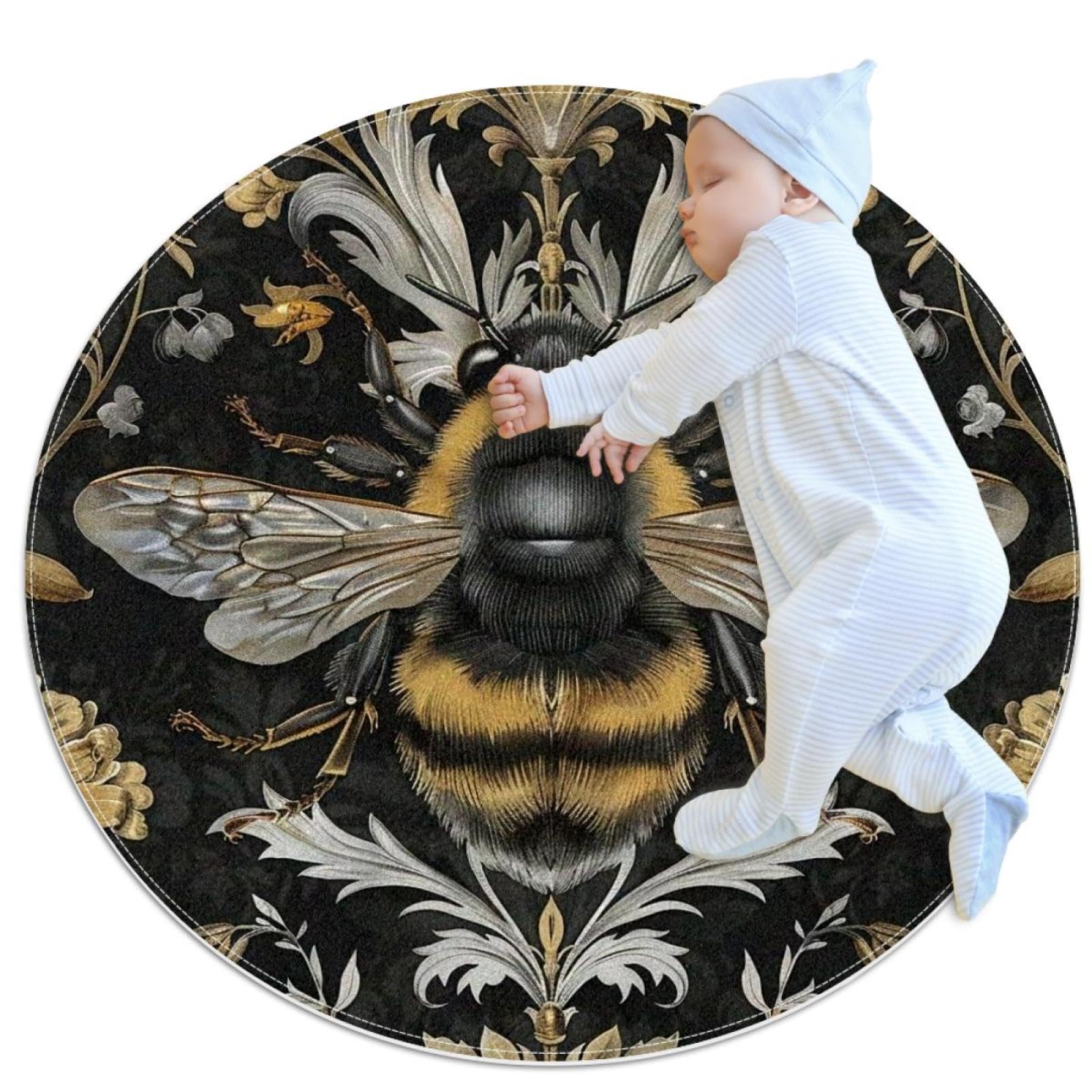 Tapis de bain rond de 1m de diamètre au motif abeille et plumes de paon