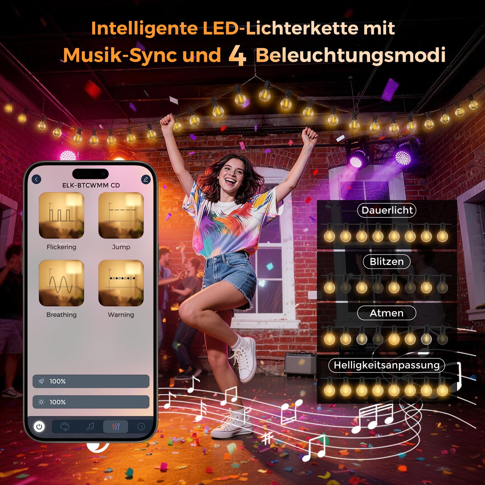 Lichterkette LED Außen Outdoor Strom 91,3 M/300 FT-120+4 G40 Glühbirnen | mit App & Fernbedienung (Doppelsteuerung), Dimmbar & Timer, Wetterfest, Aussen Lichterketten für Garten/Pavillon/Terrasse
