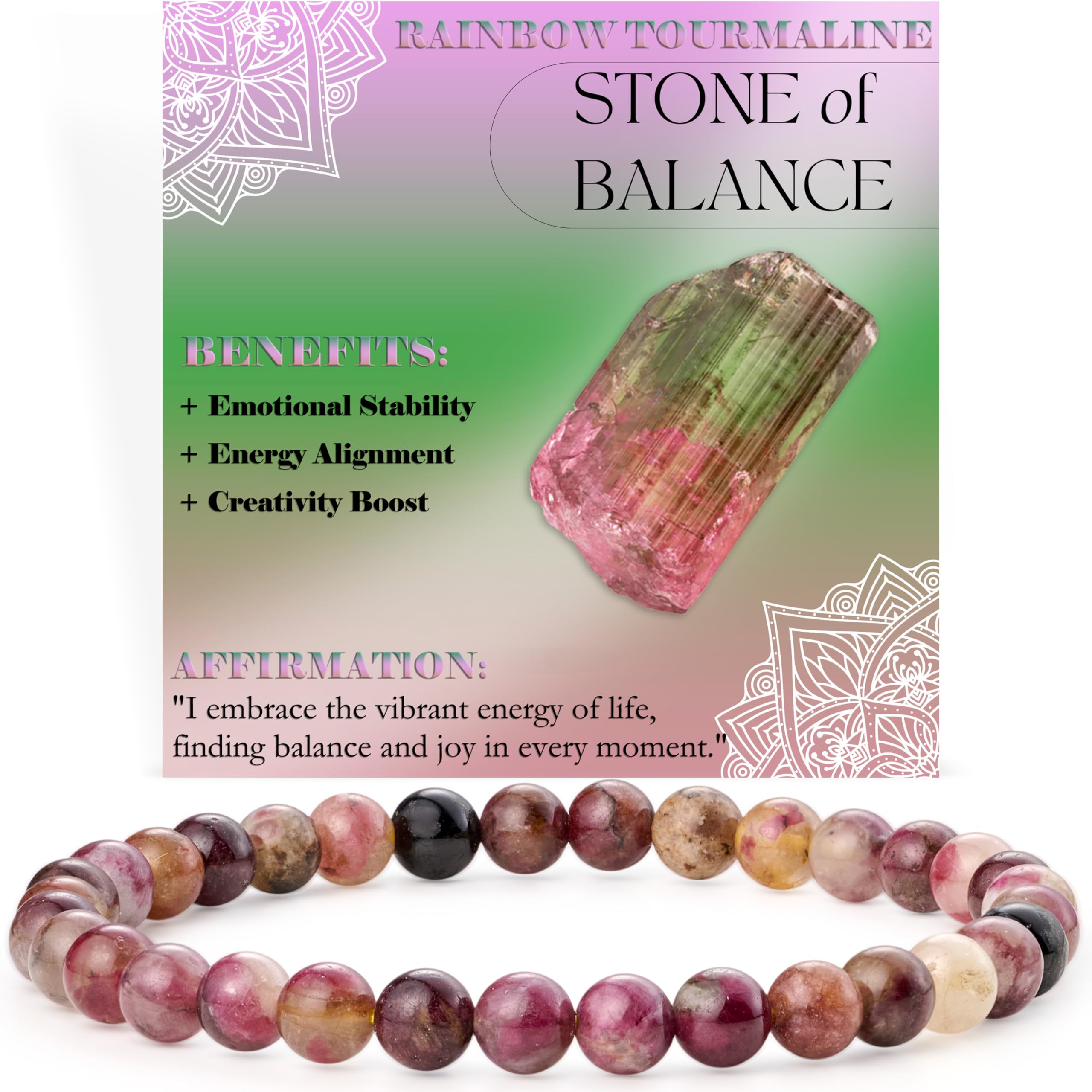 BiveiRainbow Tournaline - Balance - 6mm Beaded Bracelets for Women Handmade Semi Precious Natural Stone Stretch Elastic Jewelry Yoga Protection Gifts