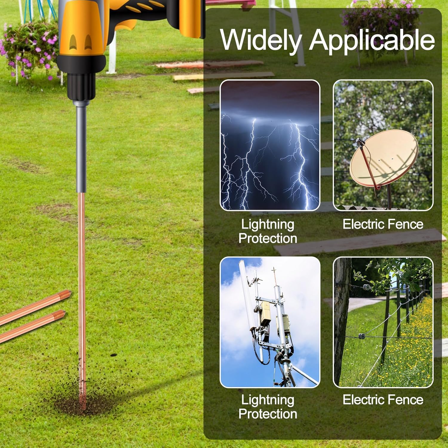 Zonon 2 Pcs 8 ft Ground Rod Kit - 5/8 Inch Plated Clad Copper Grounding Rod with Clamps for Electric Fences, Satellite Dishes, Generator Grounding Earthing