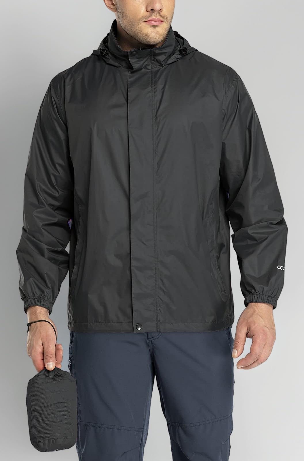 Packable Rain Jacket Men's Lightweight Waterproof Raincoat with Stowaway Hood Active Outdoor Windbreaker Black