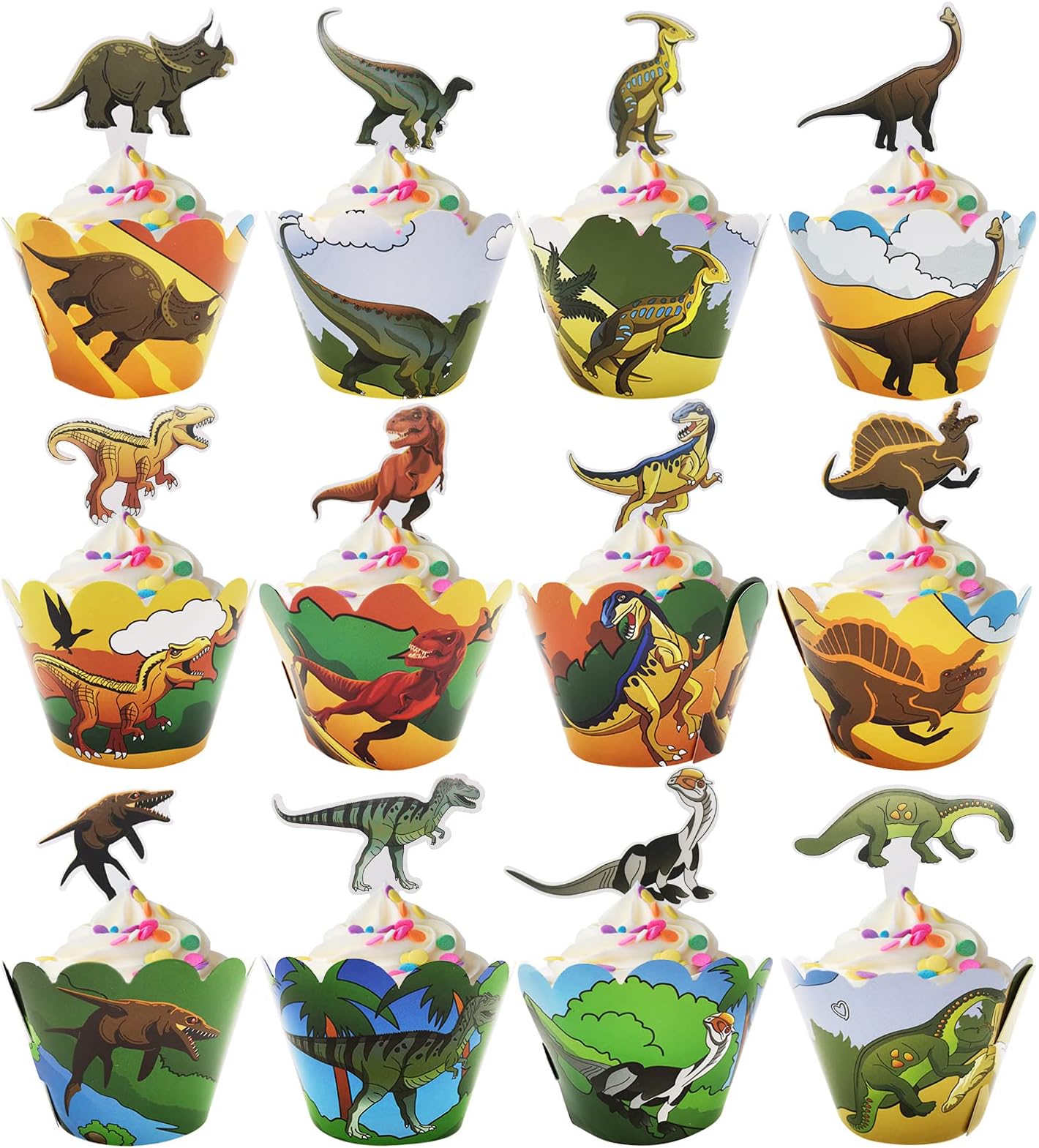 48Pcs Dinosaur Cupcake Toppers and Wrappers(Double Sided), 24 Set Dinosaur Cupcake Decorations for Boys Kids Dinosaur Themed Birthday Party, Jurassic World Party