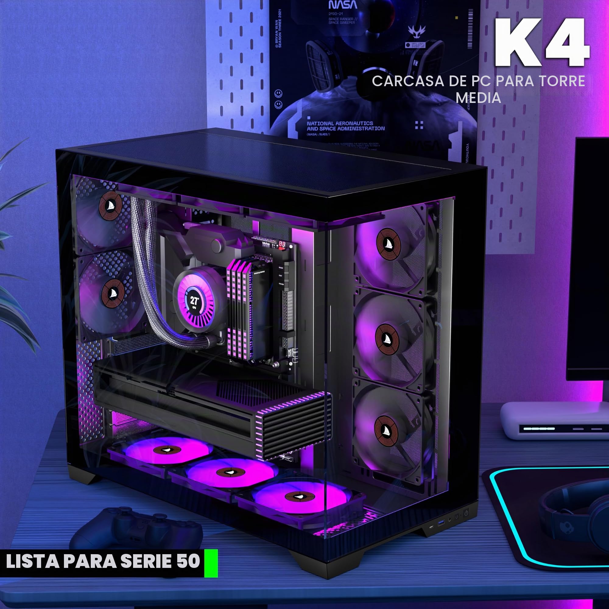 KEDIERS - Caja de ordenador con 5 ventiladores preinstalados, caja de juego ATX Mid Tower - Caja de ordenador con parte lateral abierta de cristal templado negro