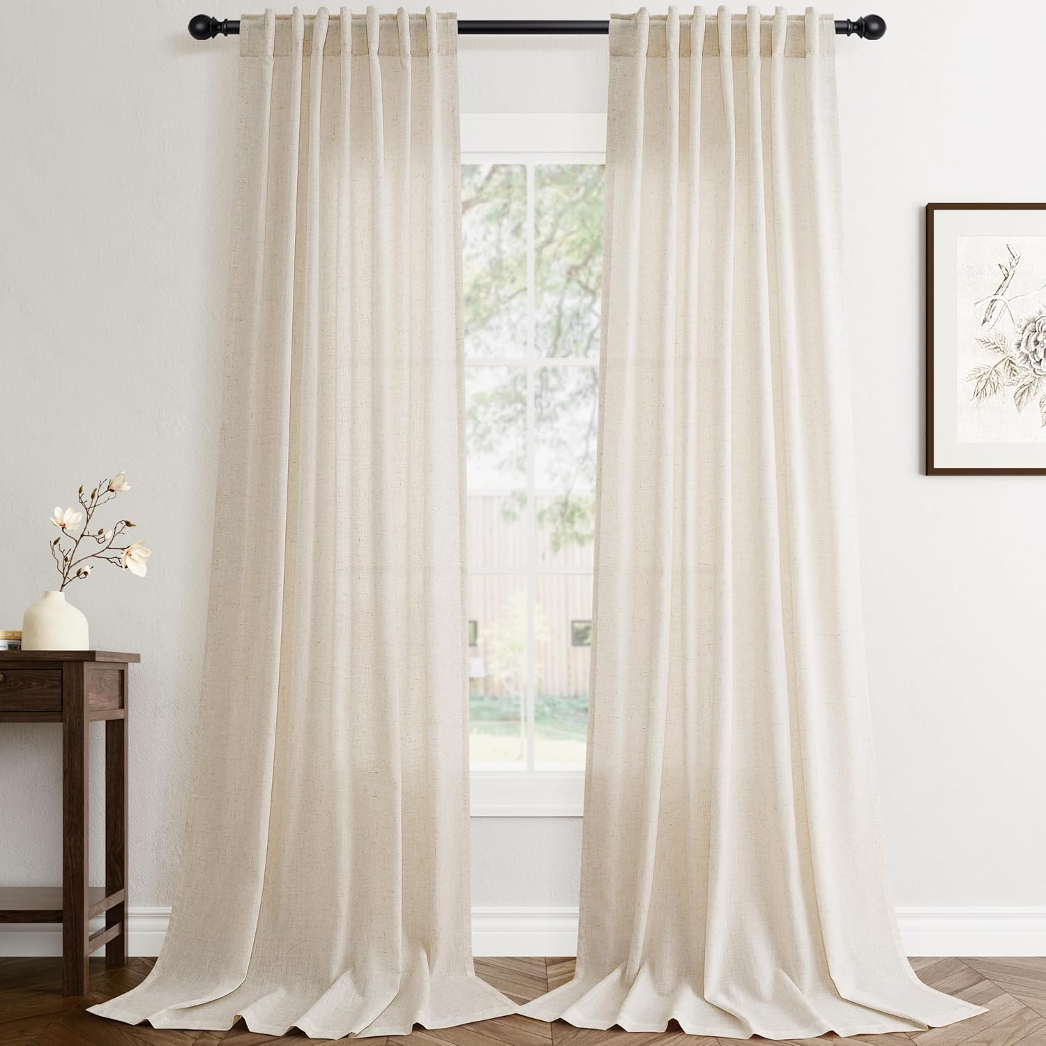 Flax Linen Beige Curtains 84 inches Long 2 Panel for Living Room Back Tab Pocket Drapes Semi Sheer Privacy Khaki Window Curtain Country Rustic Farmhouse Cloth Curtain for Dinning Room Tan
