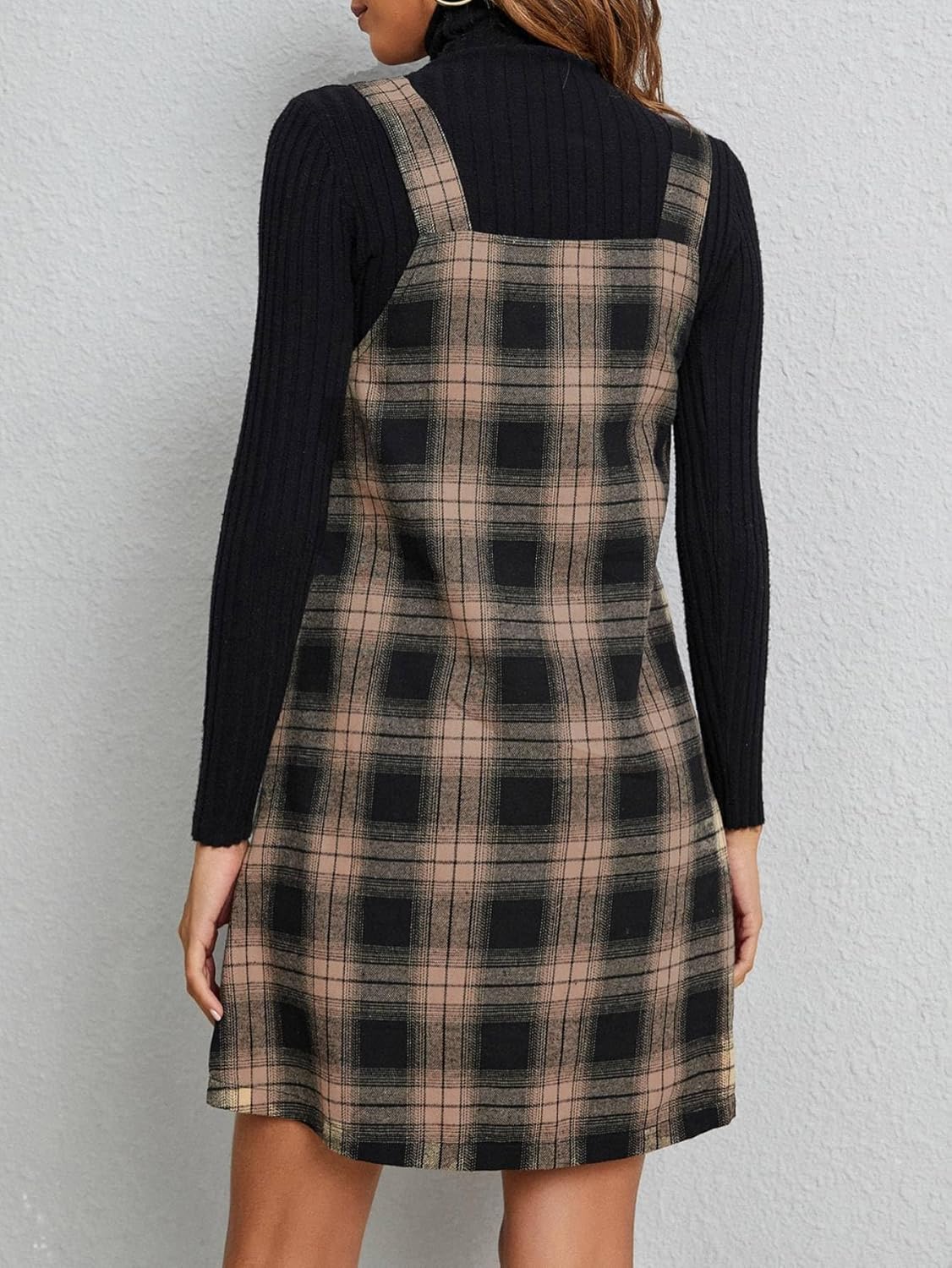 Milumia Women's Plaid V Neck Pinafore Overall Short Dress Losse Mini Jumper Dress with Pockets - Image 2