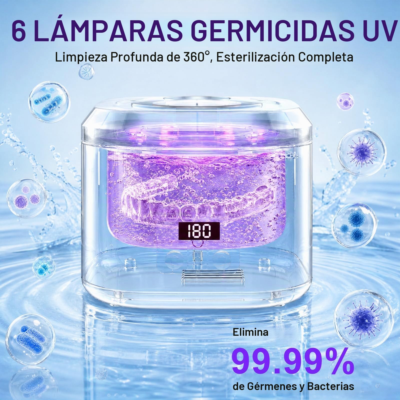 Limpiador Ultrasonidos Dental 49 kHz 340 ml, Dental Pod con 3 Modos de Limpieza y 6 Lámparas UV Esterilizantes, Ultrasonic Cleaner para Férulas, Retenedores, Alineadores, Dentaduras