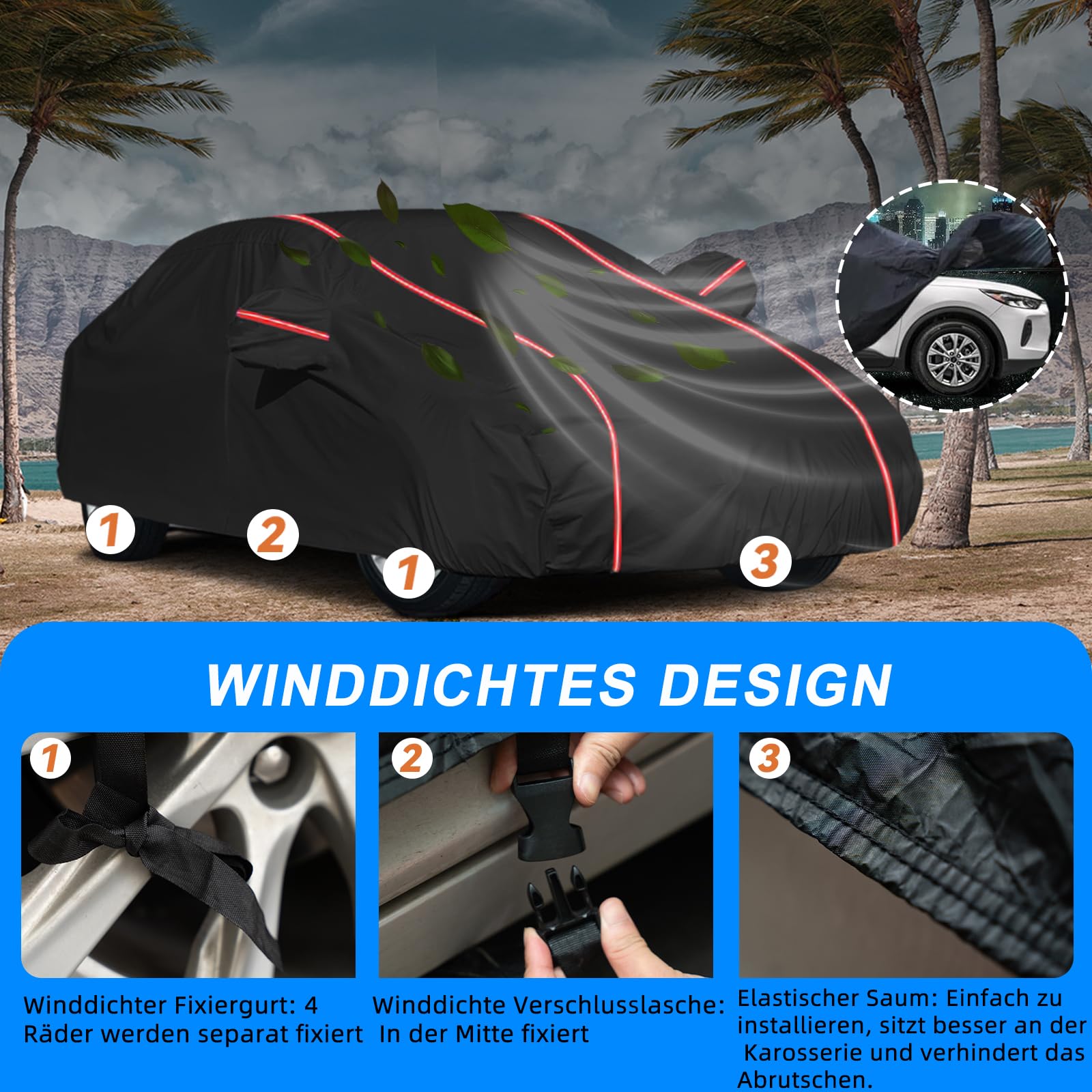 Auto Abdeckplane Vollgarage All Weather Staubdicht Autoabdeckung Outdoor | Wetterfest Autoplane Car Cover mit Reflektierenden Streifen für Schrägheck(415 bis 450cm), 450x183x150cm