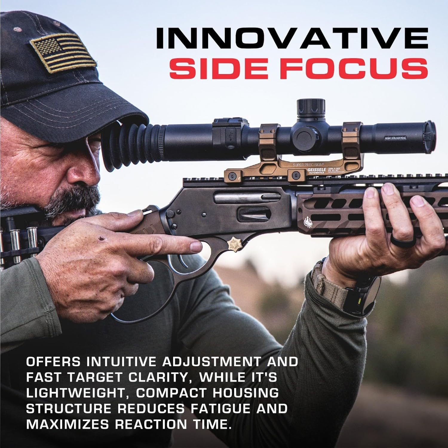 Man aiming a rifle with the Pard Night Stalker Mini scope mounted.