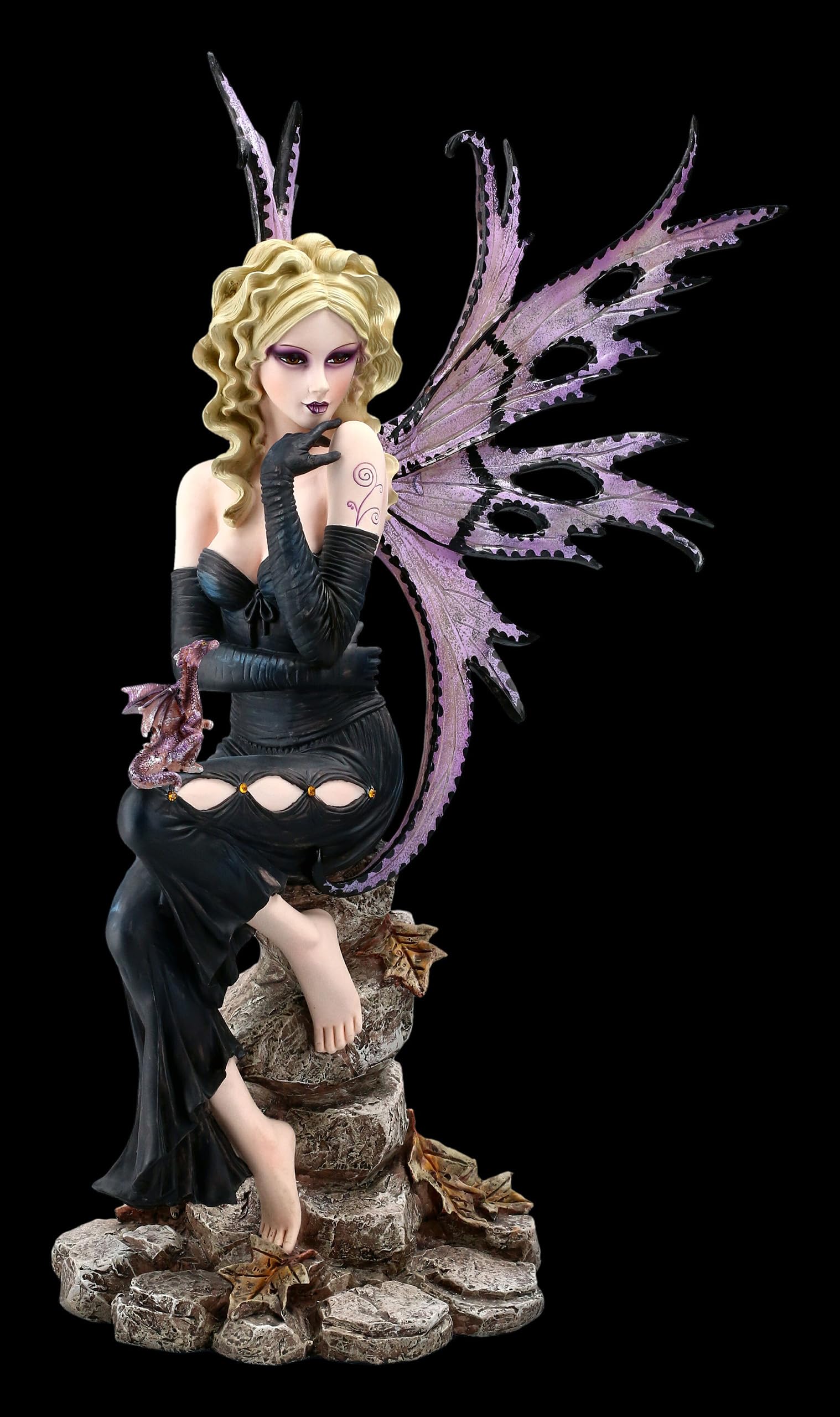 Elfo seducente Liliana con drago viola 50 cm, sensuale, biondo, abito scuro, statua d'elfo, figura fata