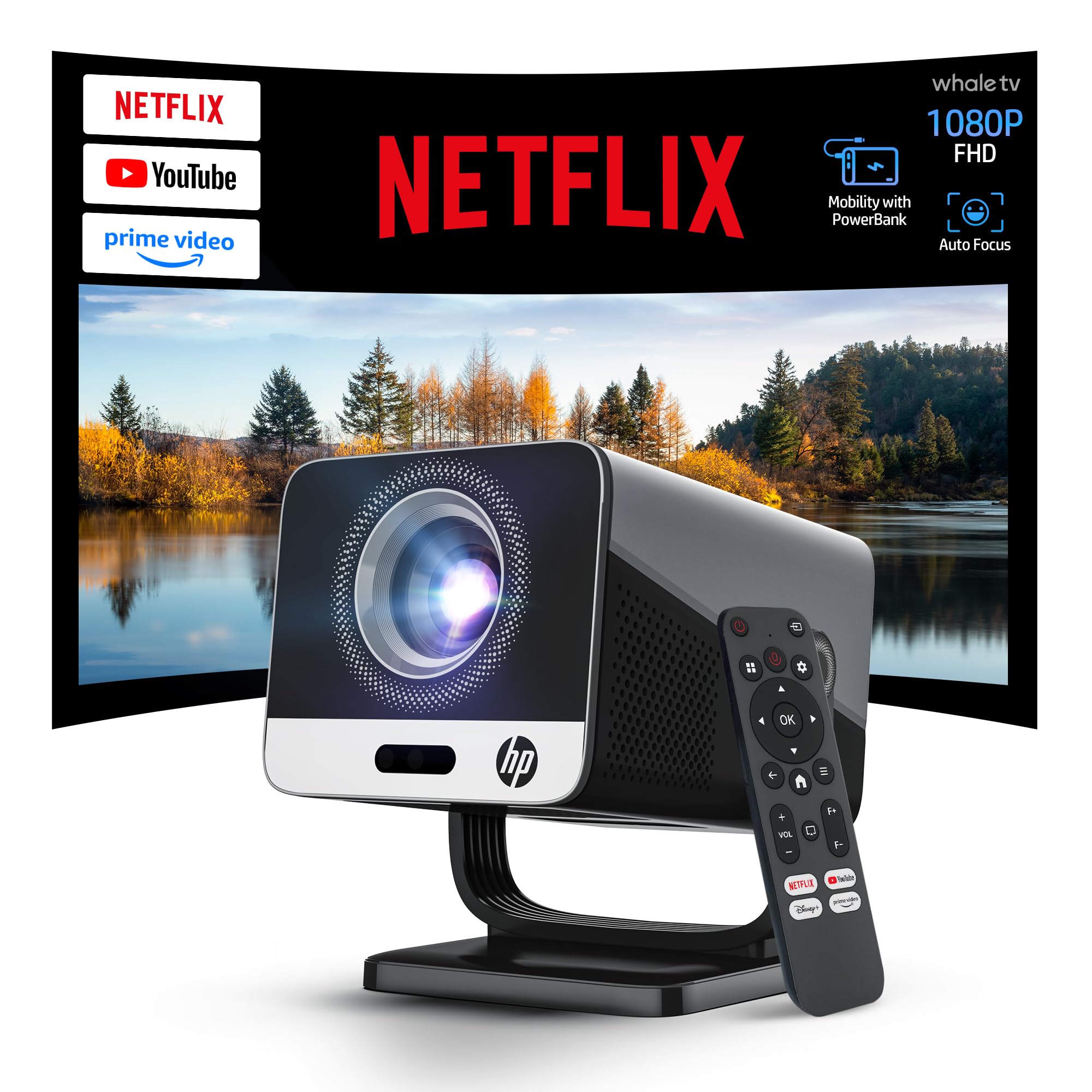 HP Projector with Netflix, USB-C Power Bank Compatible, 4K Supported MC475 | Native 1080P Mini Projector with WiFi and Bluetooth, Officially Licensed Apps, Auto Focus&Keystone 90° Rotatable Home Outdoor Black Netflix Licensed